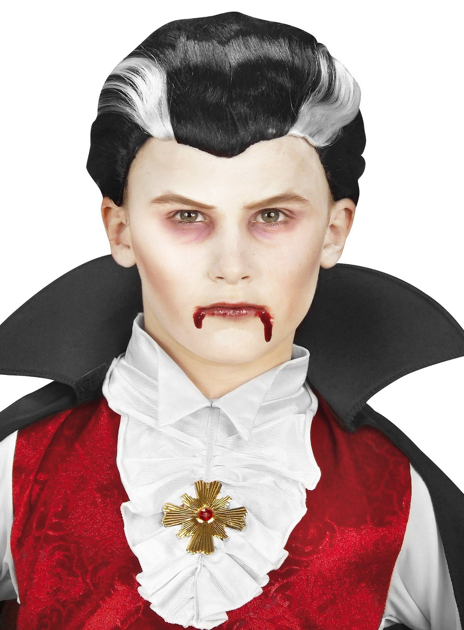 Widdmann Kostüm-Perücke Vampir Kinderperücke, Schwarze Kurzhaarperücke mit weißen Strähnen für Jungs