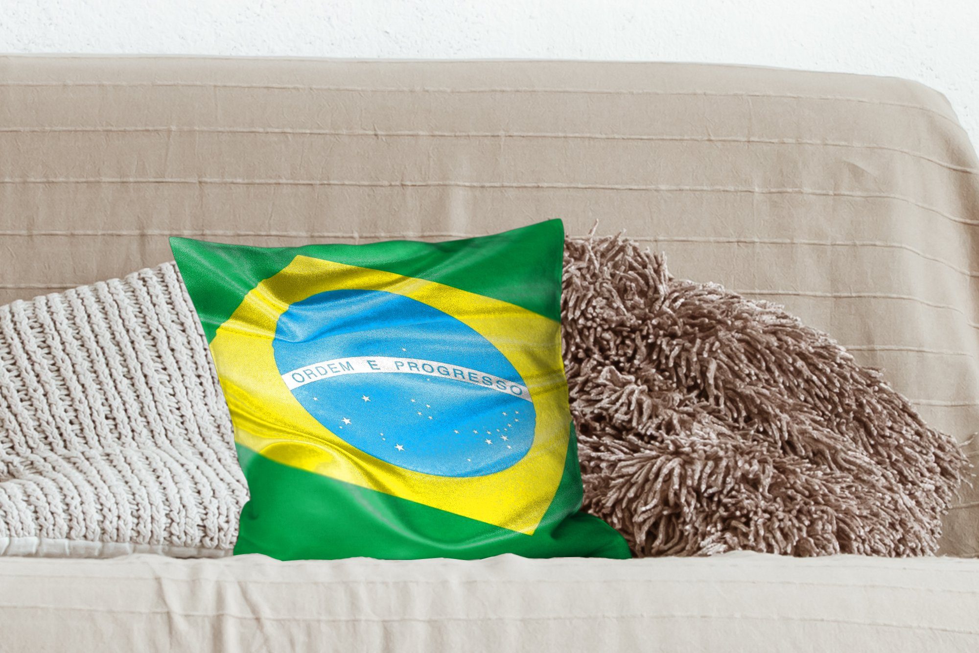 für Wohzimmer, Nahaufnahme MuchoWow von der Sofakissen Schlafzimmer, Deko, Flagge Zierkissen Dekokissen mit Brasilien, Füllung