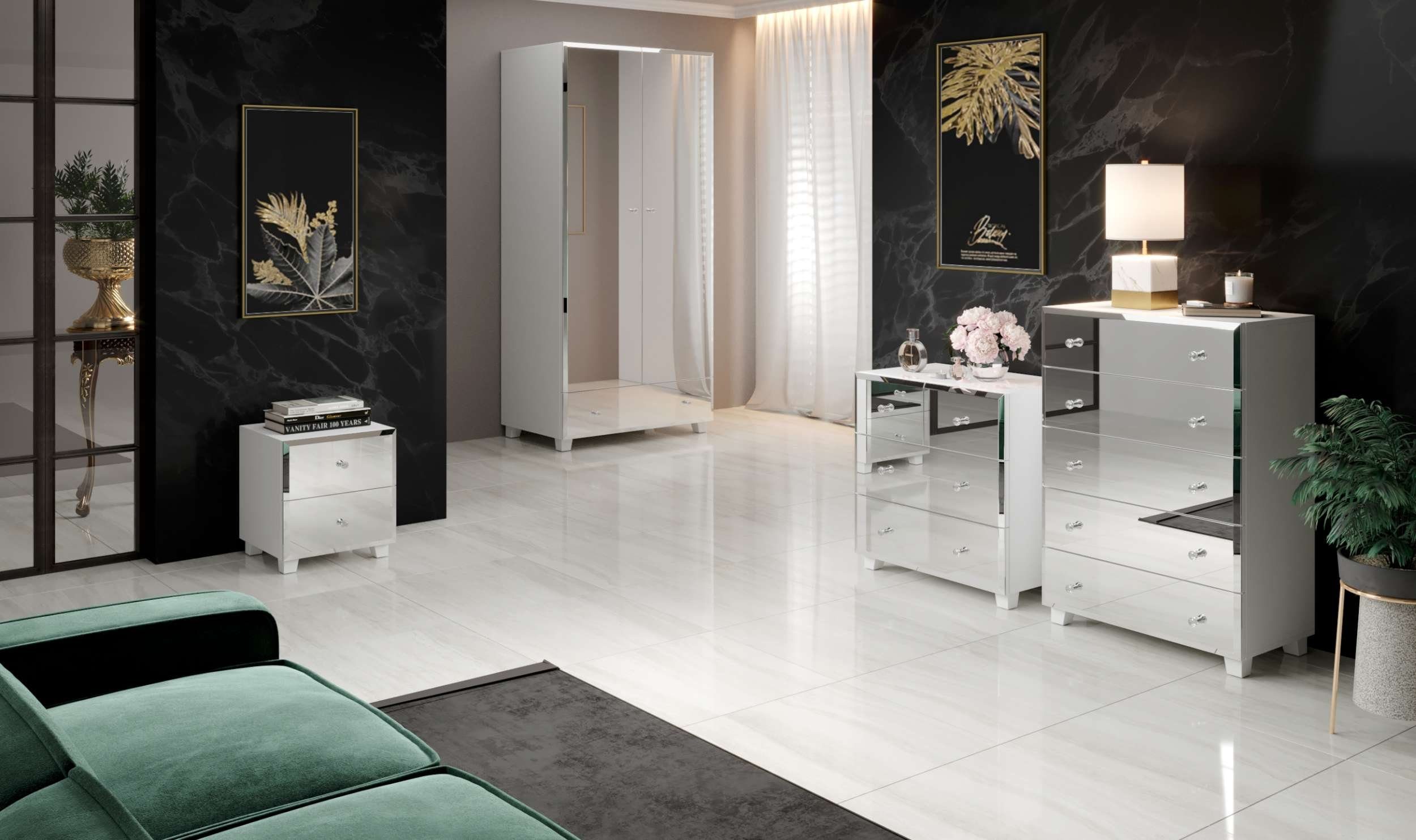 Stylefy Drehtürenschrank Faro Weiß (Kleiderschrank, Spiegel, aus 2-türig, mit Modern viel Holzwerkstoff, Schubladen, Stauraum mit Mehrzweckschrank) Design