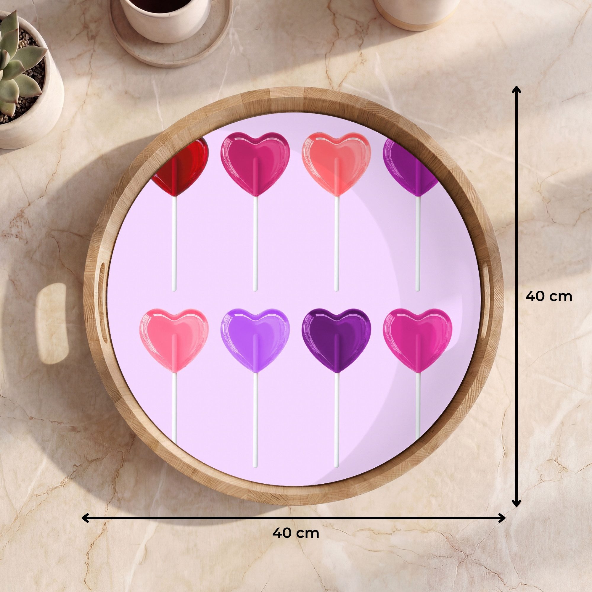 OnlyWow Tablett Rund mit Henkel Lutscher - Herz - Rosa - Bonbon, Eichenholz, (1-tlg), Siervierplatte, Tray, Frühstücksbrett
