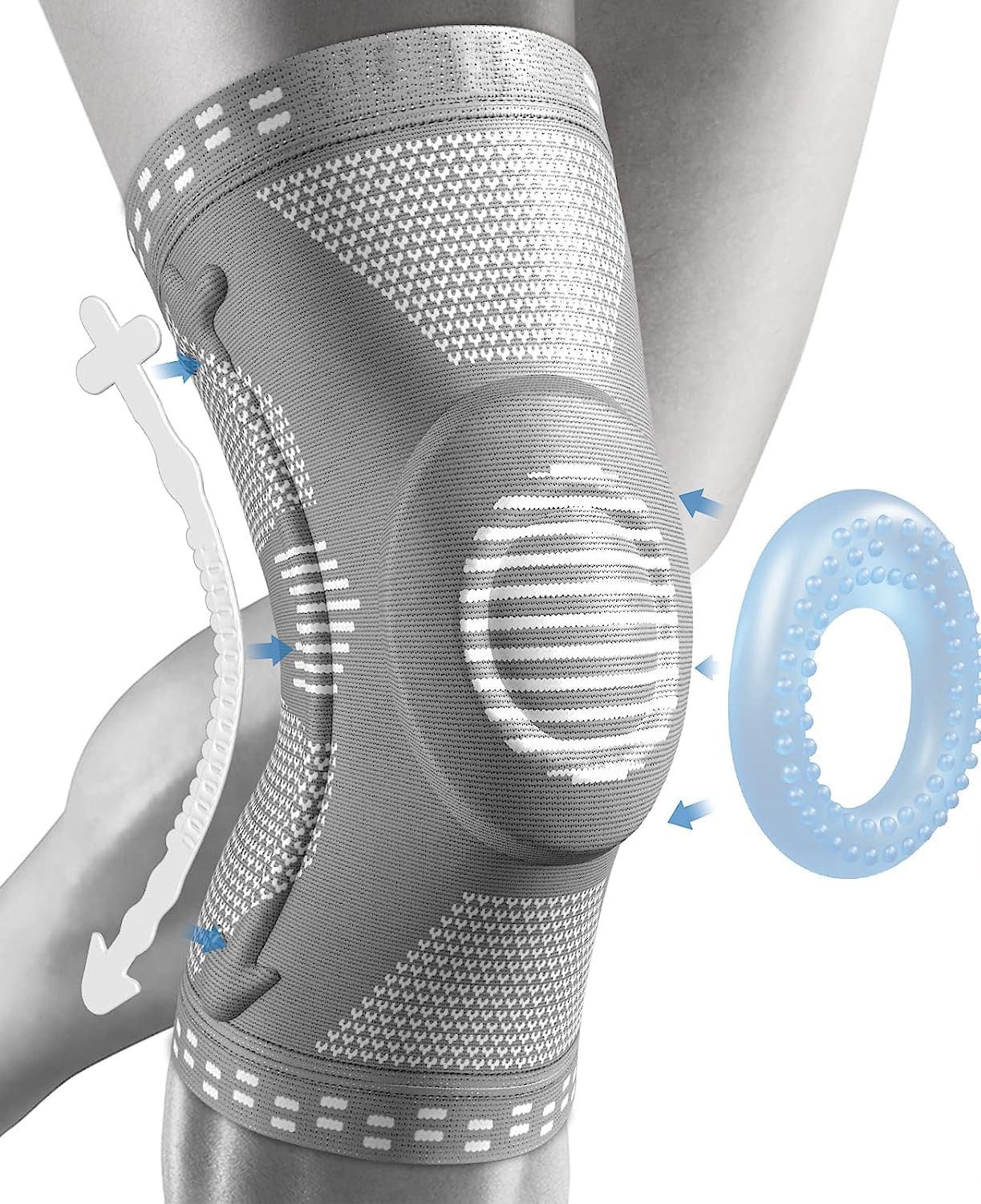 LA CUTE Kniebandage Kniestütze Grau Stabilität Gelenkschutz Sport & Alltag (Kniebandage, Stabilisierung, Sport & Alltag, Prävention, Rehabilitation, Einzelbandage Kniegelenk, wiederverwendbar, flexibel, Komfort), Atmungsaktiv, flexibel, schmerzlindernd, rutschfest, komfortabel
