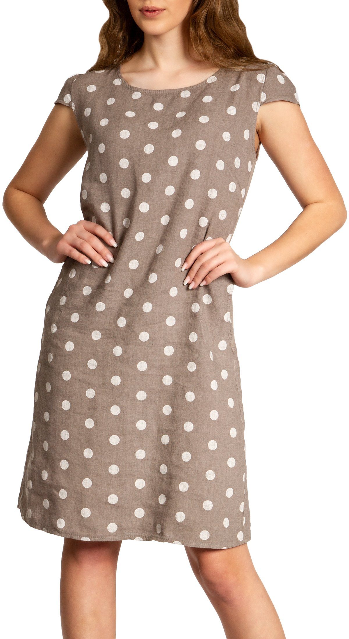 Sommerkleid SKL024 knielanges Damen Sommer Leinenkleid mit Punkte Print