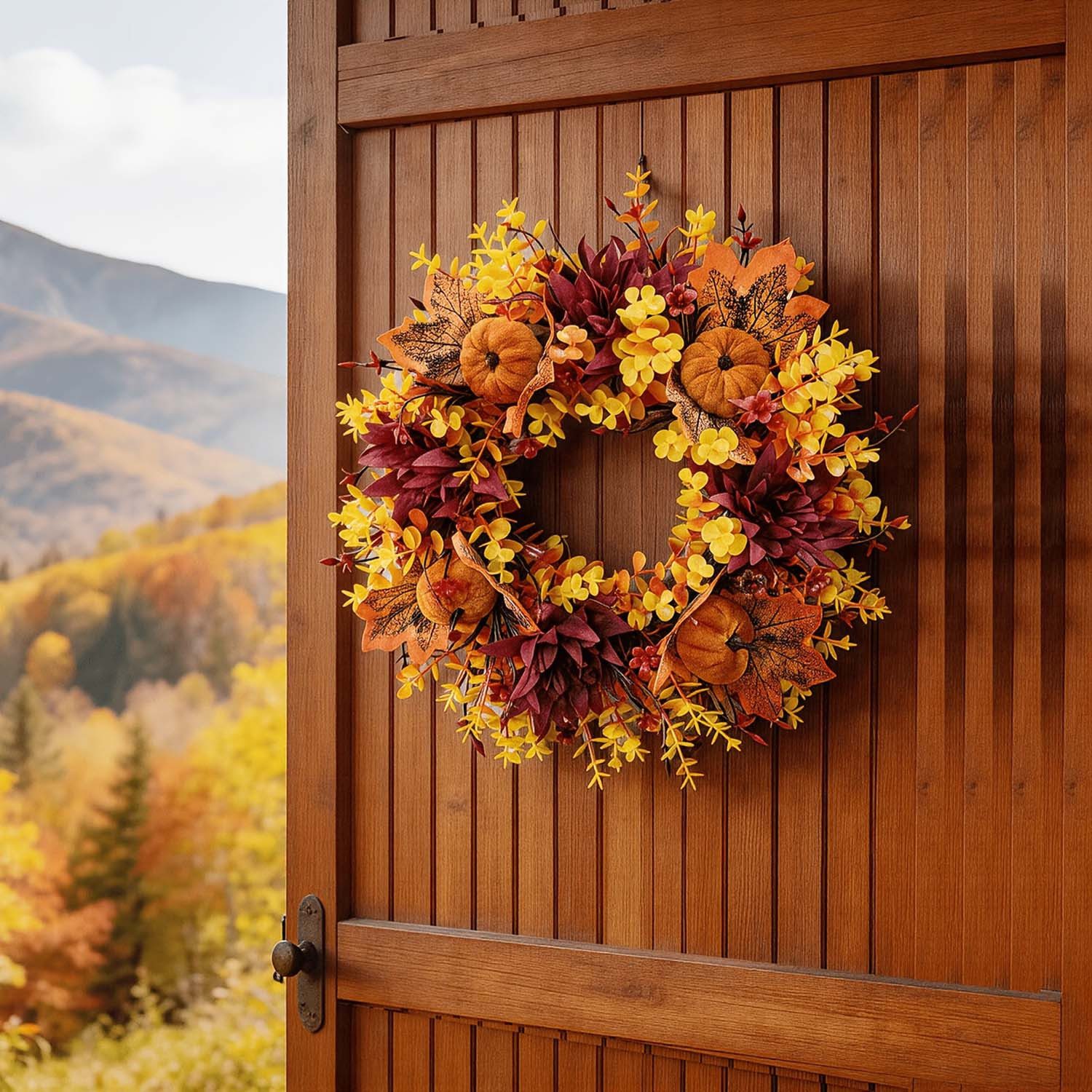 Diwzbyn Dekokranz Herbstkranz, Herbst-Haustür-Kranz mit verschiedenen Kürbis-Cluster – Bild 3 von 5