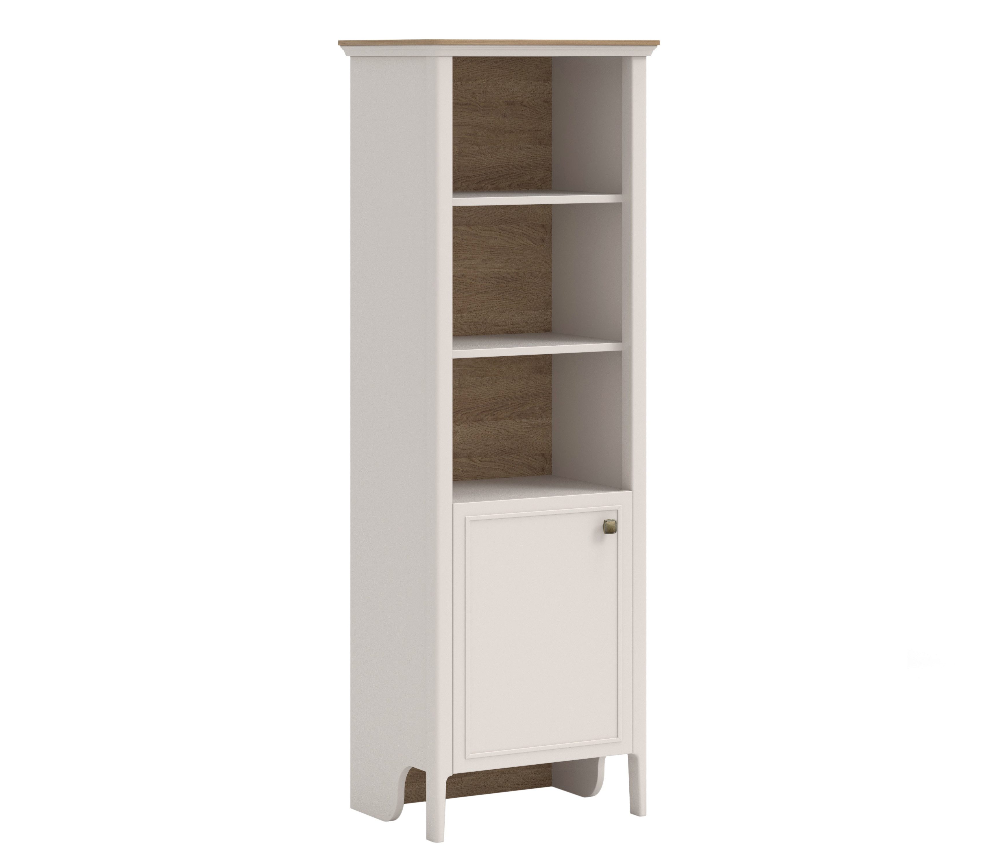 Bücherregal MUGLA im Landhausstil – Weiß/Natur – 3 offene Regalfächer & 1 Tür