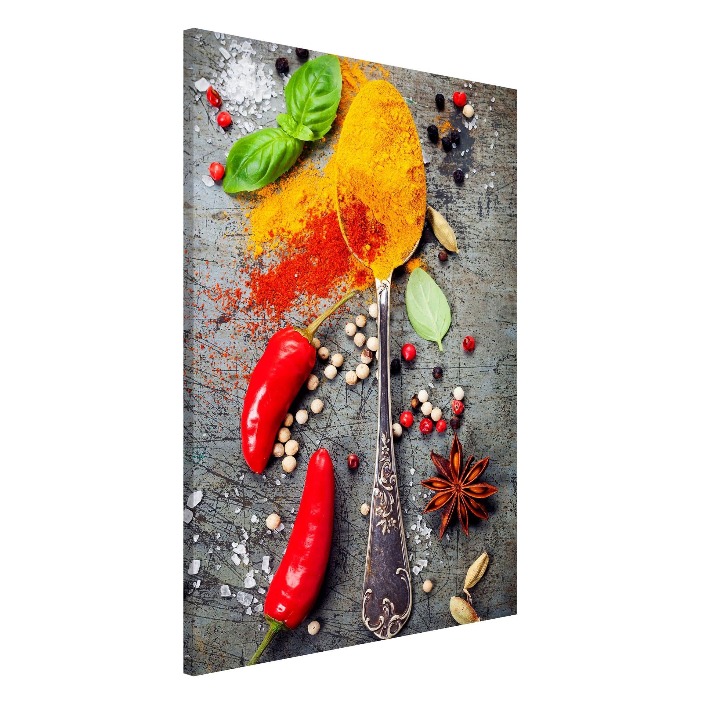 Bilderdepot24 Magnettafel Küche orange Löffel mit Gewürzen, (1-tlg., Magnetboard Pinnwand für die Wand - metallische Tafel für Magnete), Magnetwand groß mit Motiv modern Memoboard magnetisch Hochformat