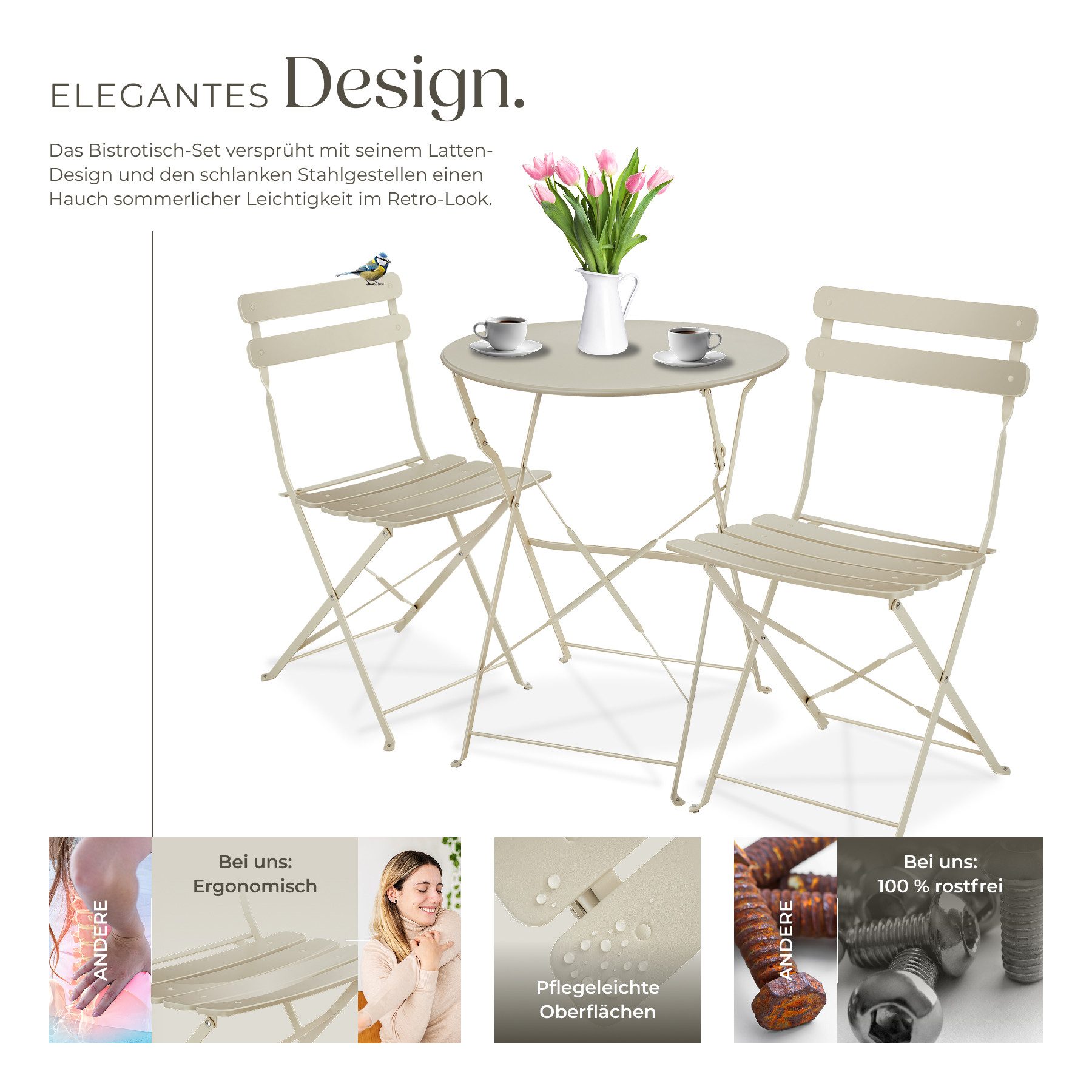 tectake Essgruppe Bistrotisch Set, (Set., 3-tlg), Solides, pulverbeschichtetes Stahlgestell – langlebig & robust