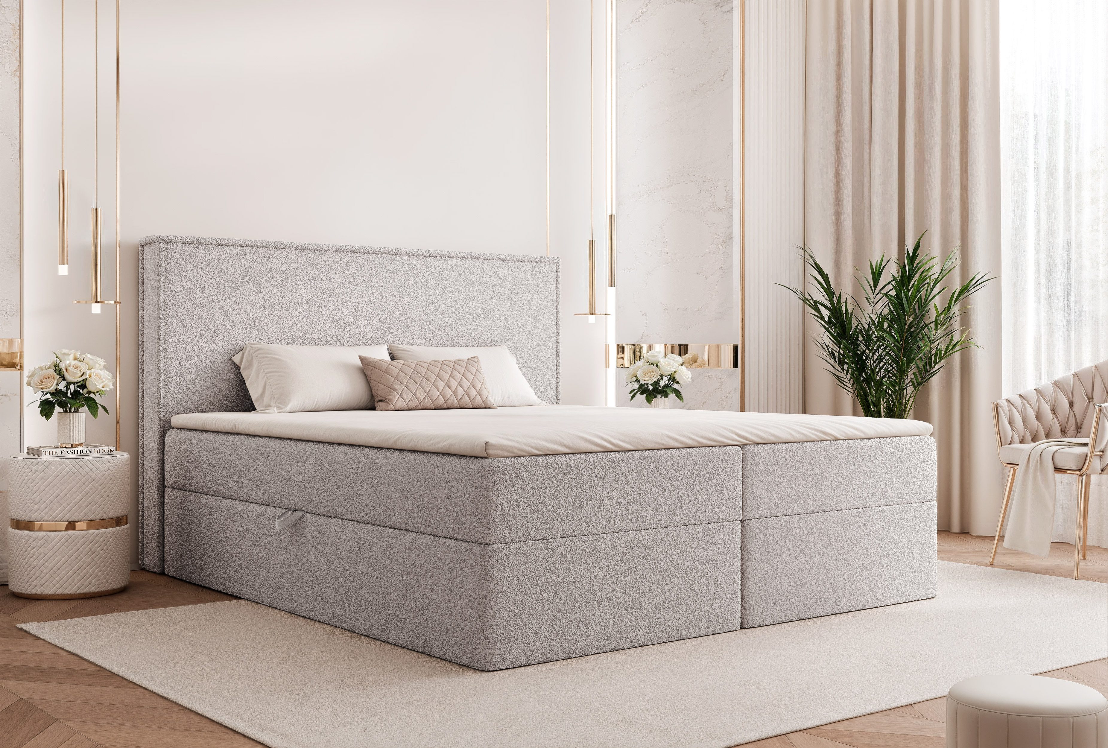Goldstoff Boxspringbett Modernes Komfortbett mit Stauraum & stilvollem Kopfteil