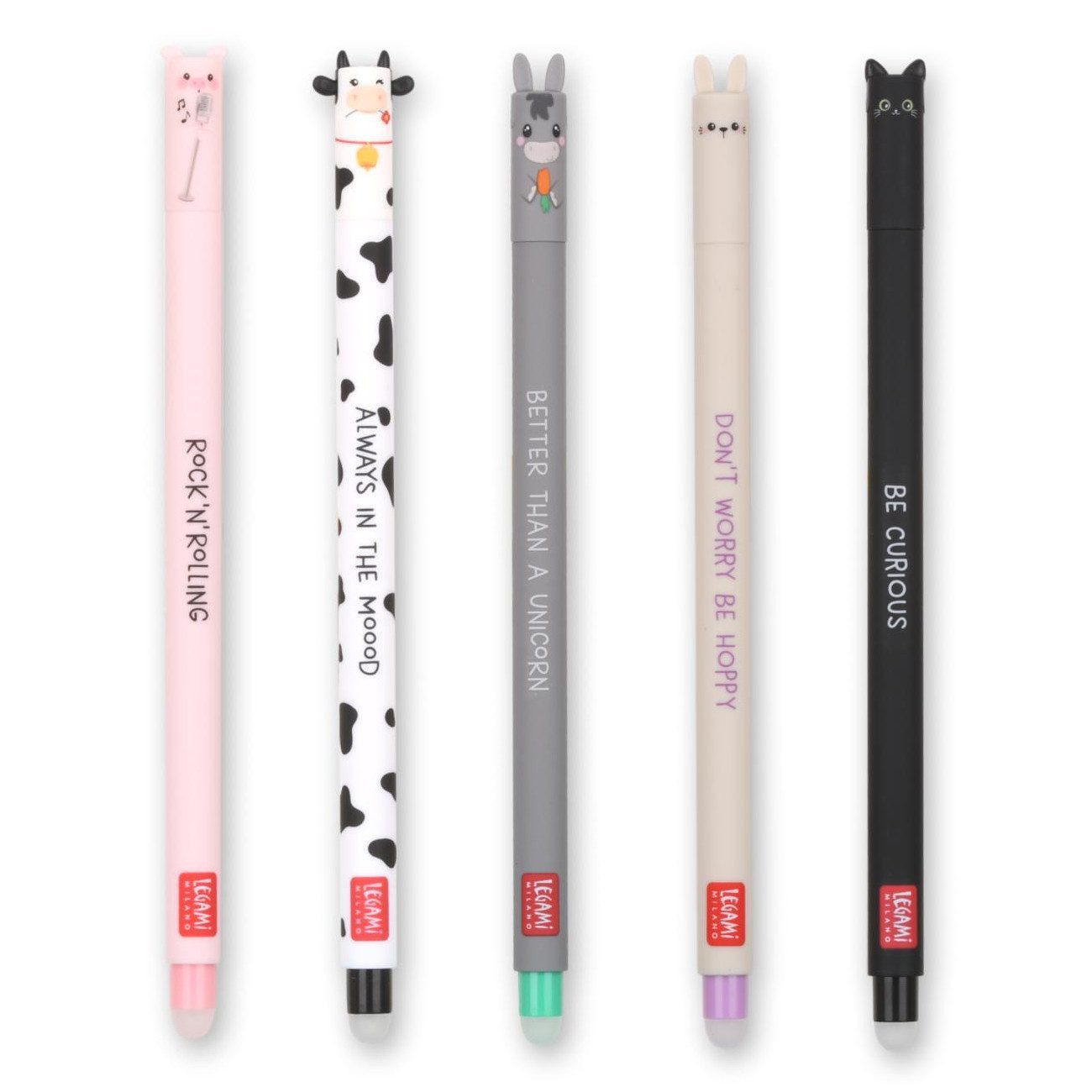 Legami Gelschreiber im tierischen 5er Set mit Schwein, Kuh, Esel, Hase & Katze