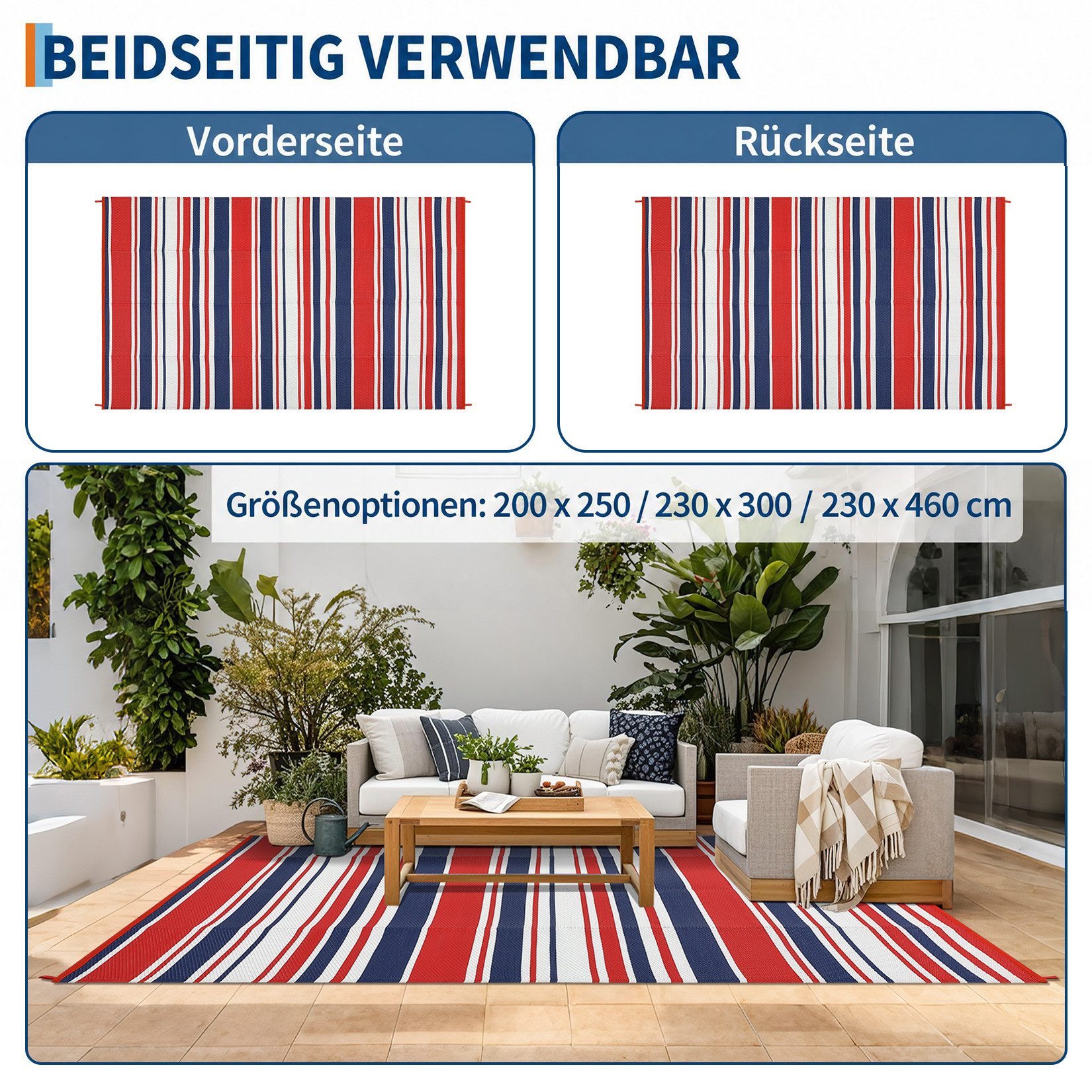GarveeMore Outdoorteppich Outdoor-Teppich, wasserabweisend, PP-Gewebe, UV-beständig, für Terrasse, Balkon & Garten