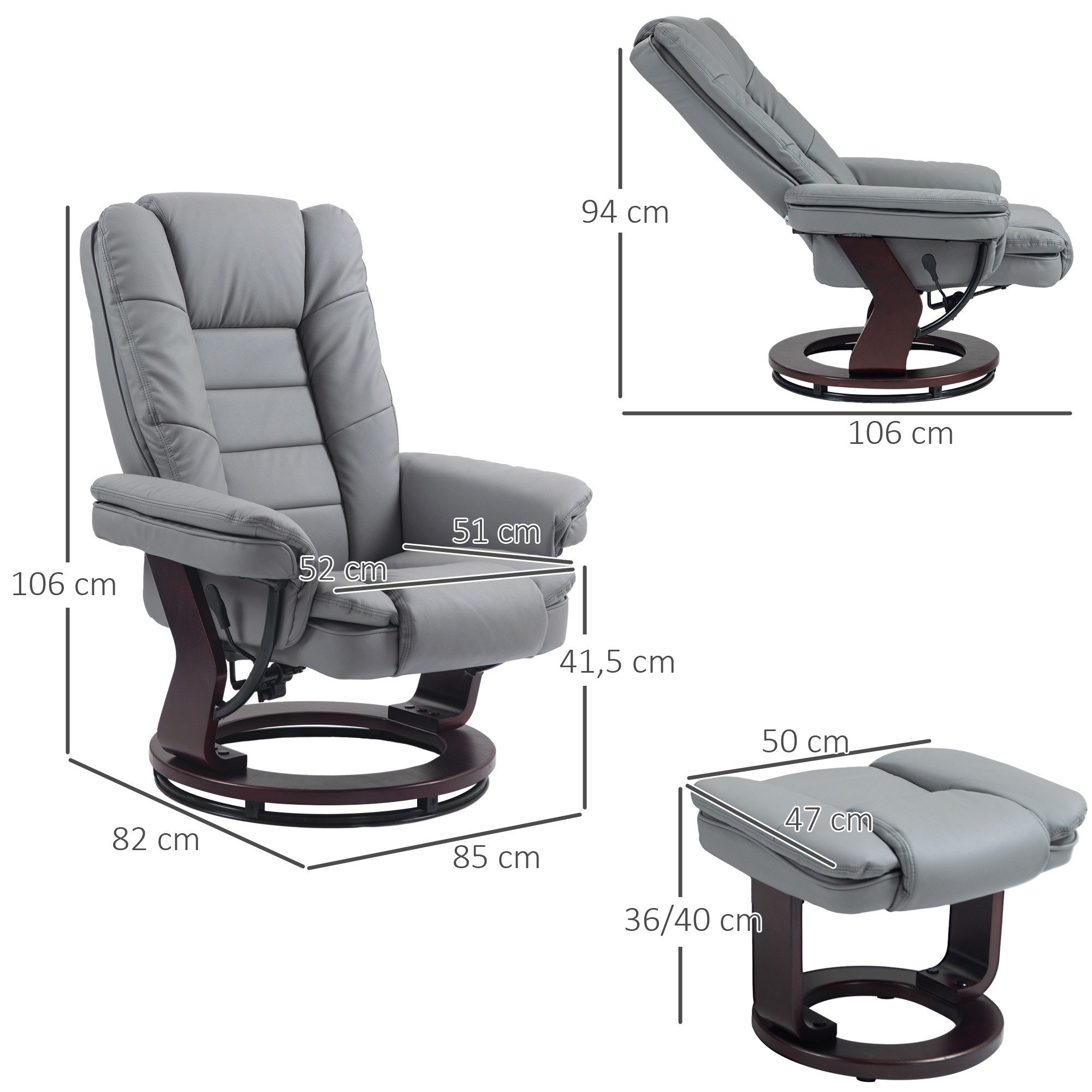 HOMCOM Relaxsessel mit Hocker 360°Drehbarer Fernsehsessel mit Liegefunktion (TV-Sessel, 1-St., Ruhesessel), bis 130 kg belastbar für Wohnzimmer Kunstleder, Grau