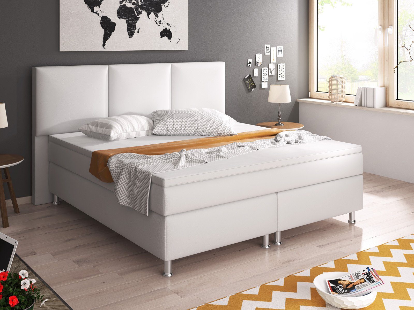inter Boxspringbett Oslo Kunstleder (180x200 cm, Weiß inkl. Matratzen und Topper)