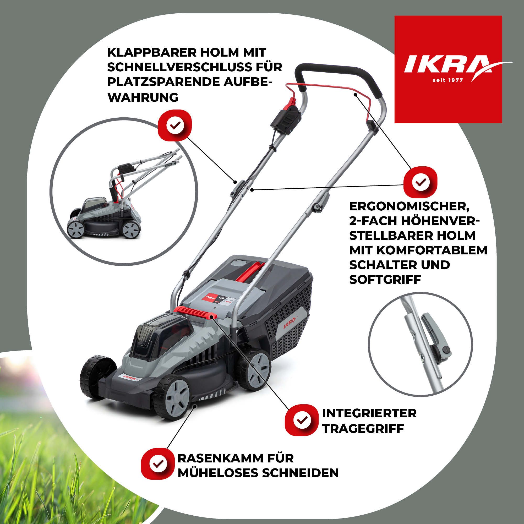 ikra GmbH Akkurasenmäher IB-LM 33, 33 cm Schnittbreite, (OHNE AKKU & LADERGERÄT), kompatibel mit BOSCH 36V