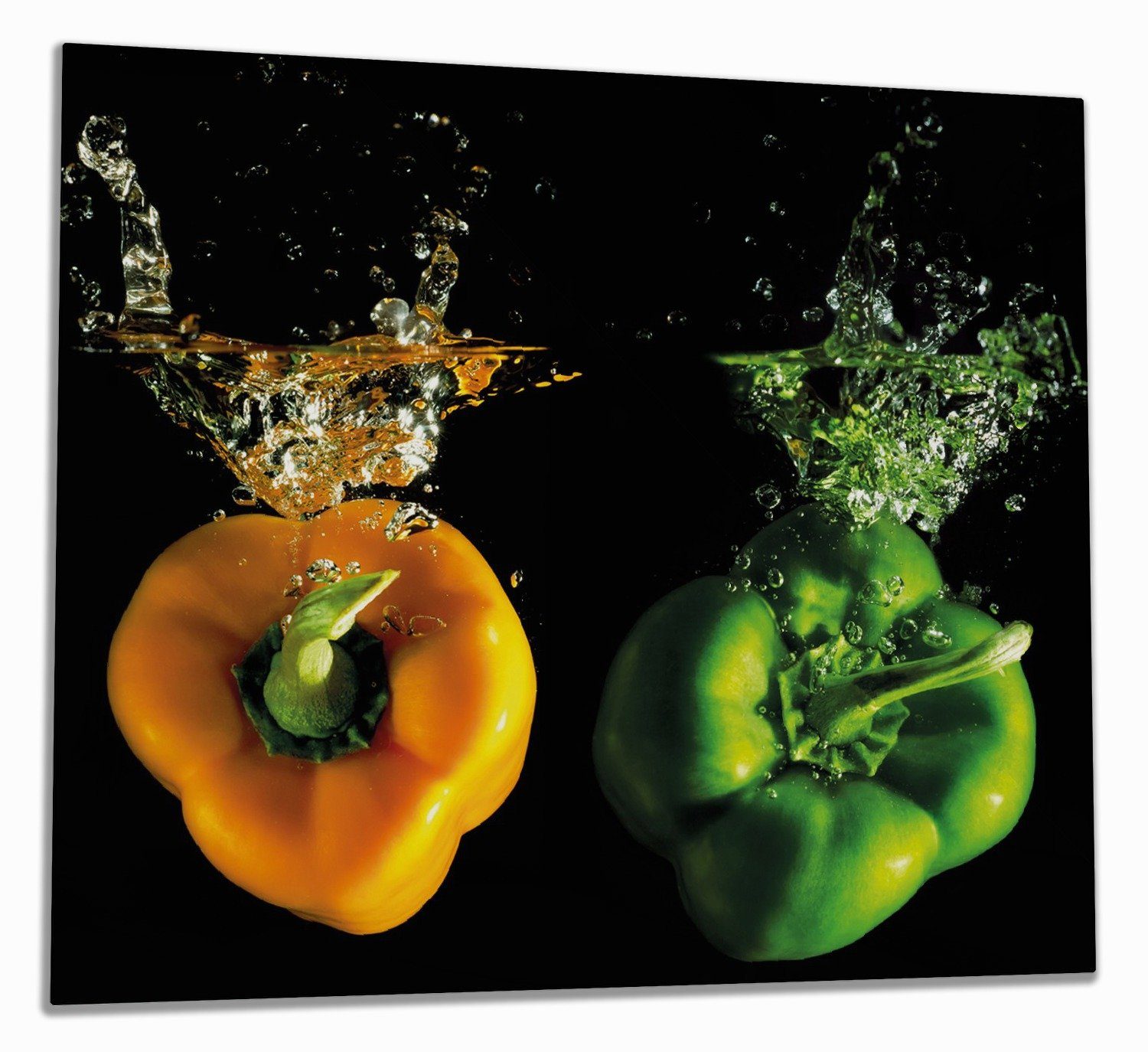 Wallario Herd-Abdeckplatte Bunte Küche Paprika in orange und grün im Wasser, ESG-Sicherheitsglas, (Glasplatte, 1 tlg., inkl. 5mm Noppen), verschiedene Größen