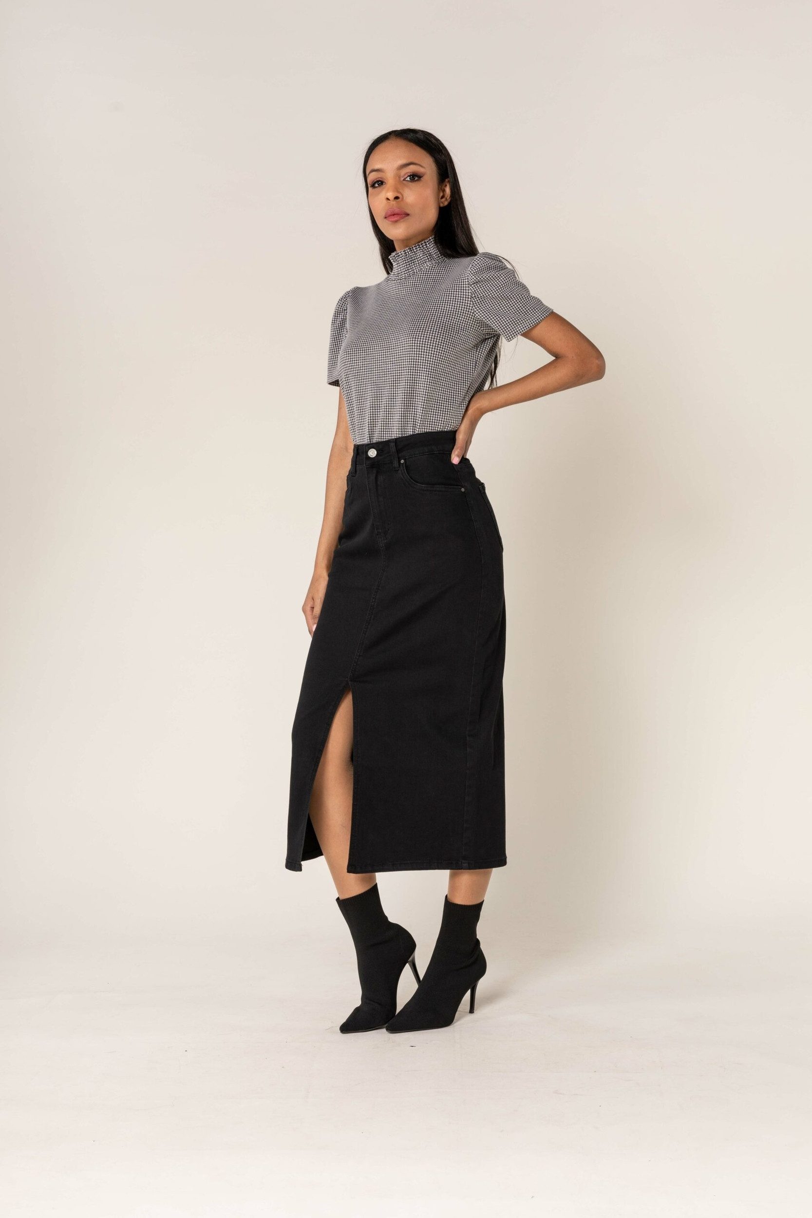 Nina Carter Sommerrock Langer Jeansrock mit Schlitz Stretch Denim Midi Rock 7554 in Schwarz