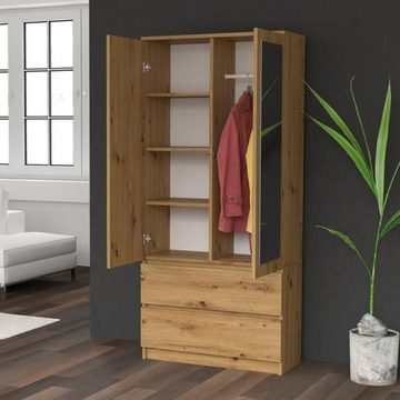 Beautysofa Drehtürenschrank Rubin (2 Außenschubladen, 90 cm Breit Kleiderschrank) 2 Schubladen, Drehtüren mit Spiegel