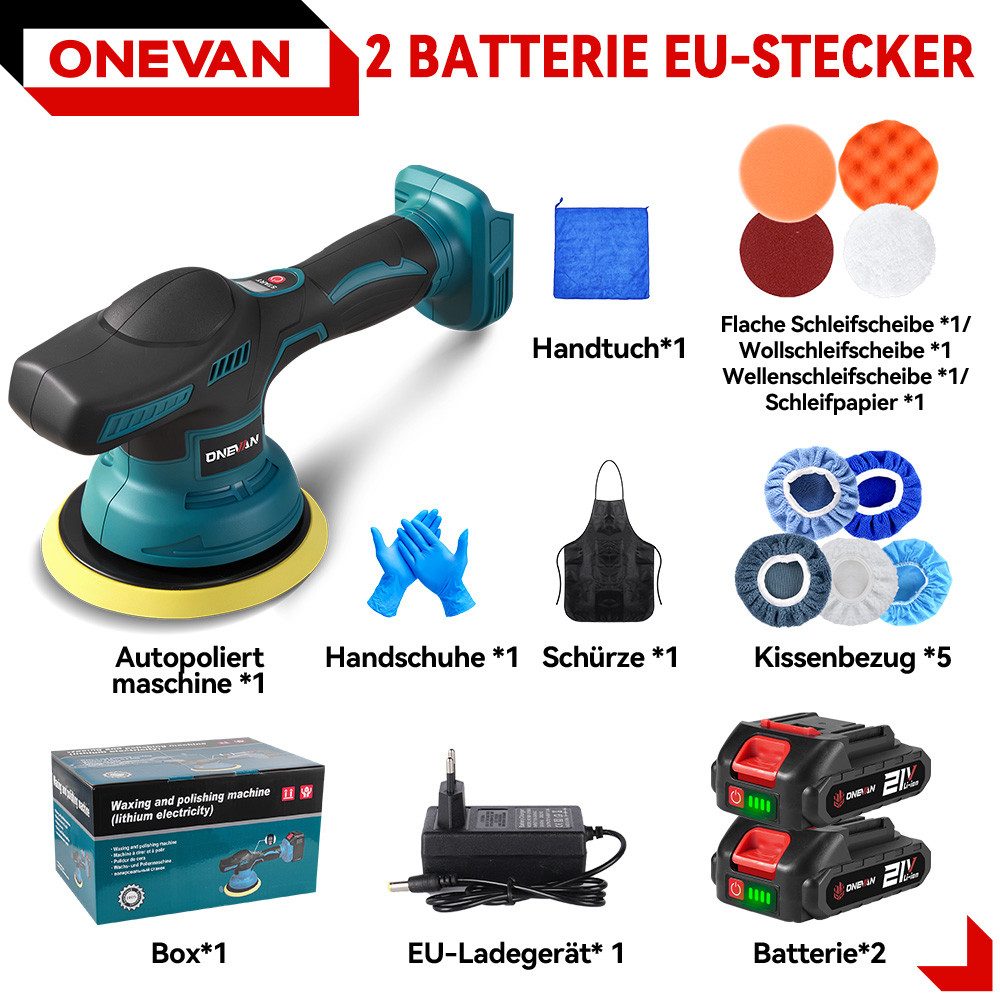 ONEVAN Cordless Polisher 150 mm Eccentric with 8 Variable Speeds up to 7800 rpm, 2500 min. rpm, 7800 max. rpm, Ø 150 mm, (with 2 batteries), for professional car detailing and effective scratch removal