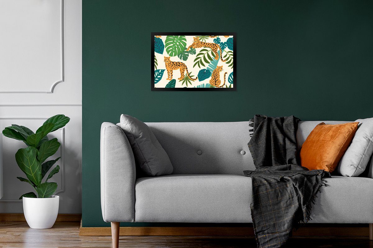 Schwarzem St), - Wanddeko, MuchoWow Leopard Muster Gerahmtes Dschungel - - Wandposter, Bilderrahmen Mädchen (1 Bilder, Poster - - Poster, Pflanzen Jungen,