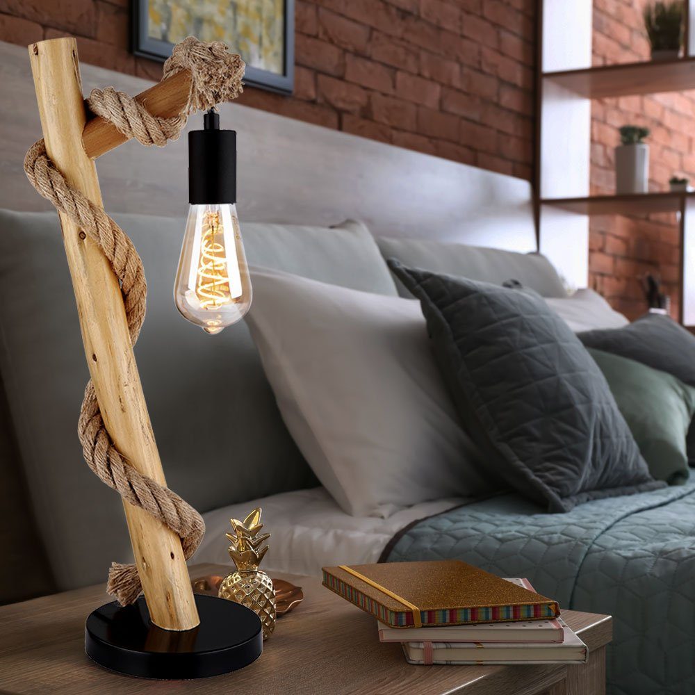 Tischleuchte, LED etc-shop Tischlampe Hanfseil Schlafzimmerlampe Vintage Holzlampe Leuchtmittel Tischleuchte inklusive, nicht