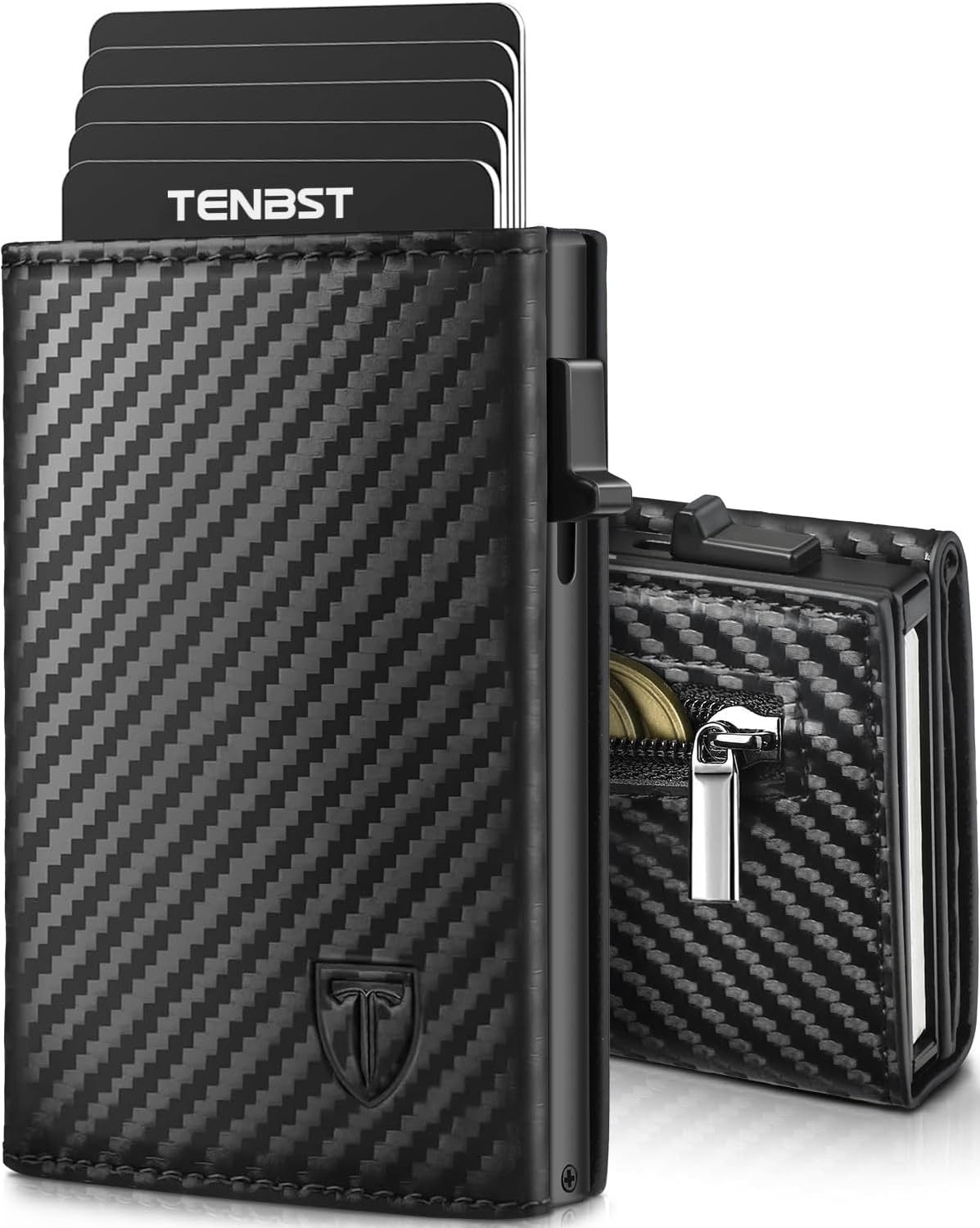 Ophy Geldbörse Herren Slim Wallet aus Kohlefaserleder – mit Münzfach & RFID-Schutz, Platz für 8–10 Karten – schwarz (Premium Portemonnaie)