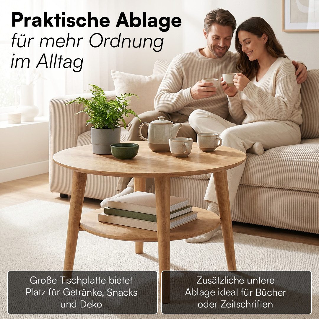 skølm Couchtisch Mjölnir aus Eiche Massivholz (Natur geölt), Wohnzimmertisch Ø70 cm mit 2 Ablagen, auch in oval erhältlich