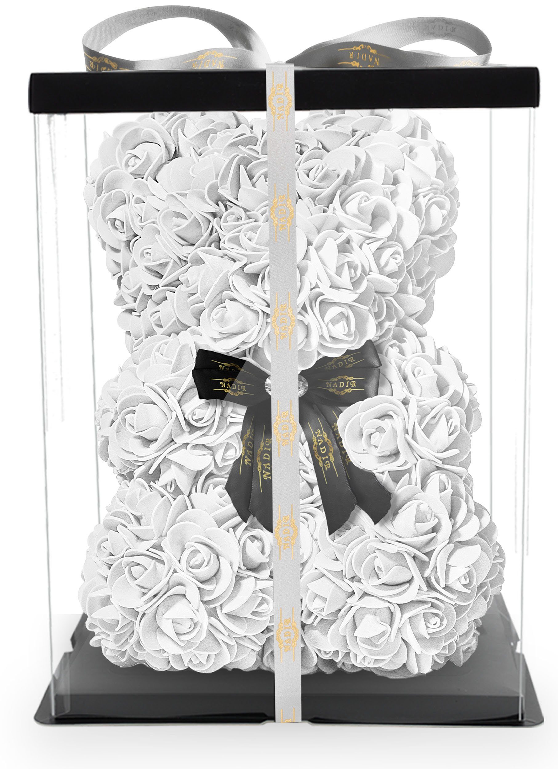 Kunstblume NADIR Rosenbär 25 cm mit Schleife / inklusive vorverpackter Geschenkbox/ Valentinstag Muttertag Geburtstag Jahrestag Infinity Rosebear Bär aus Rosen Flower Teddy Teddybär Blütenbär Künstliche Pflanze, NADIR