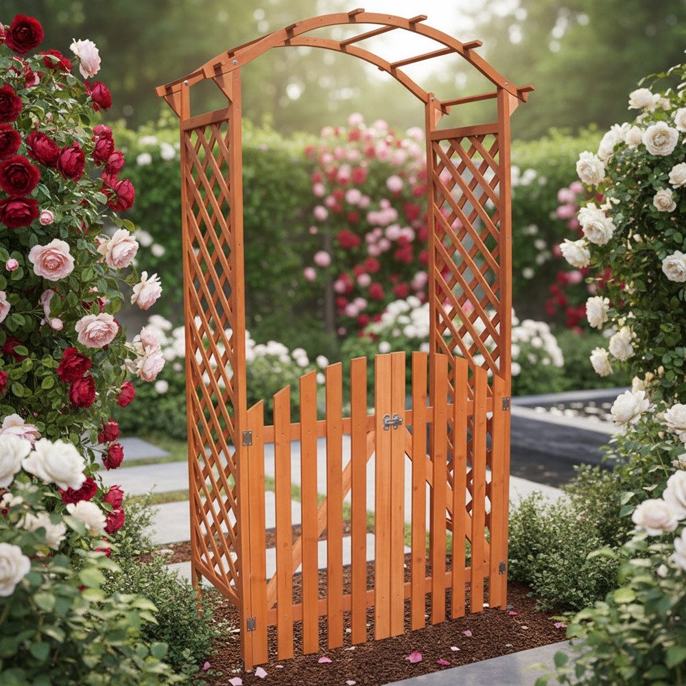 Melko Rosenbogen Pflanzenbogen mit Tür und Rankgitter Rankhilfe für Gartenpflanzen Garten-Rankhilfe, Rankbogen mit integrierter Tür, Bodenwinkeln zur Befestigung, Rankbogen aus Holz mit Tür und Bodenwinkeln zur Befestigung