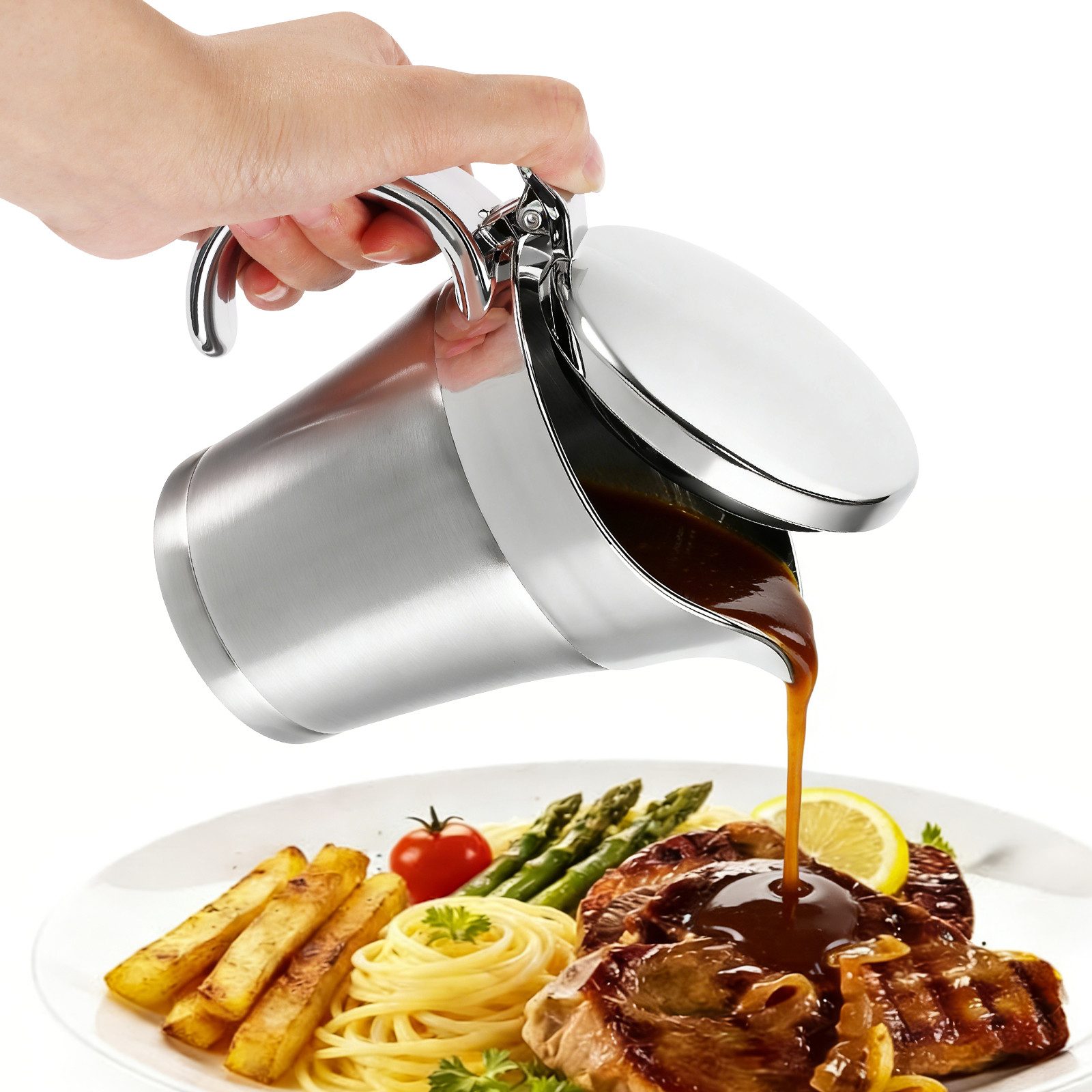 BlingBin 500ml Thermo-Sauciere mit Klappdeckel, Soßenspender Doppelwandig, Korpus aus Edelstahl 304 + Deckel aus PP, ABS-galvanisiert, (1er Set, 1-tlg), Saucenbecher für Vanillesoße Soße Sahne Mayonnaise Milch, Silber