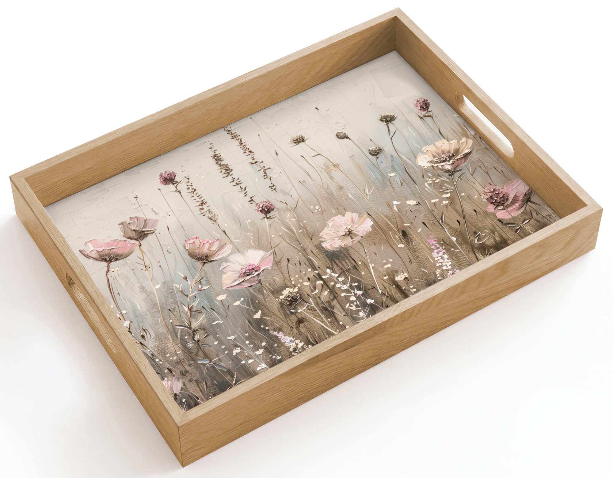 OnlyWow Tablett Rechteckig mit Henkel Blumen - Rosa - Modern - Beige, Eichenholz, (1-tlg), Siervierplatte, Tray, Frühstücksbrett