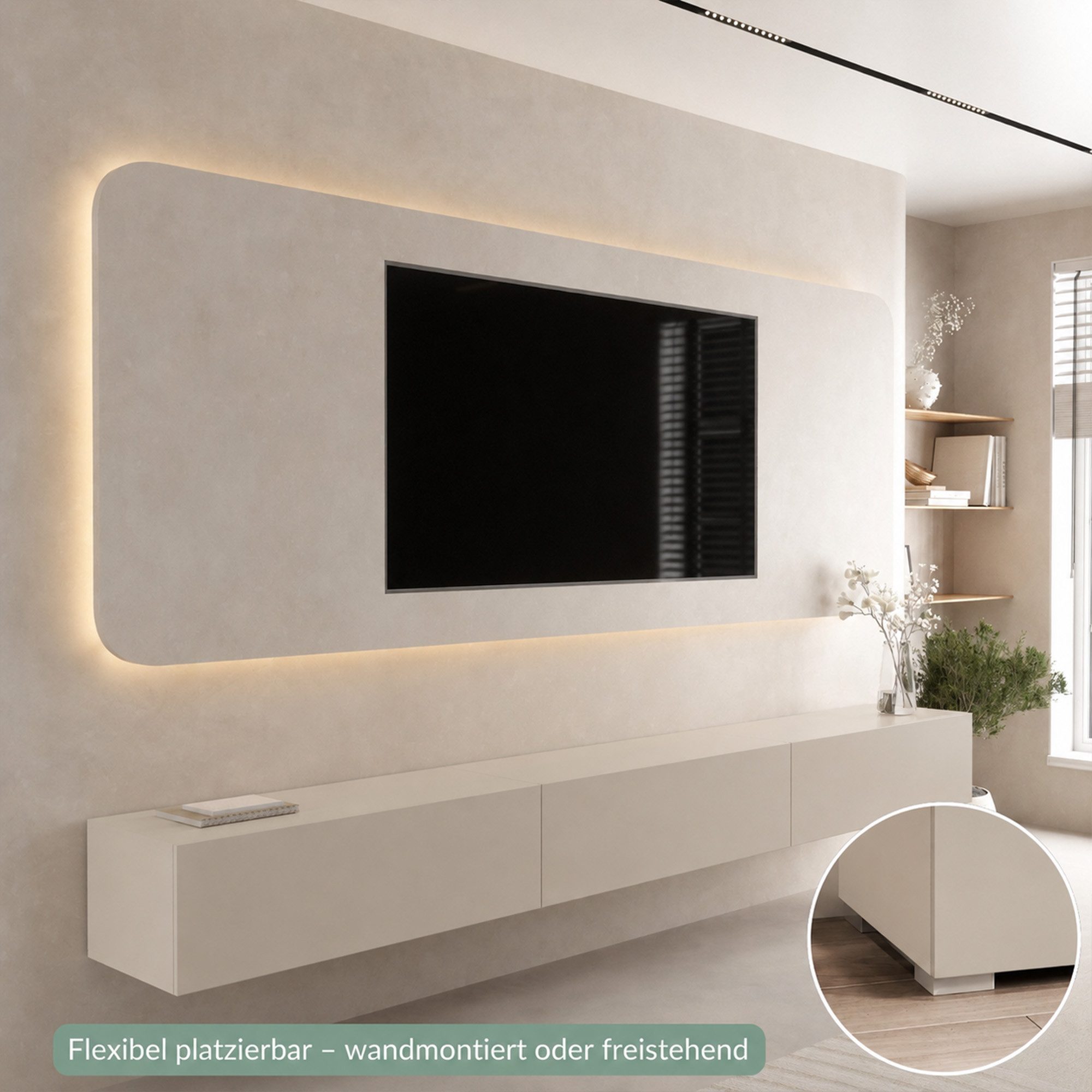 Planetmöbel TV-Schrank West TV-Board, Fernsehtisch 300 cm lang, TV-Lowboard (für Fernseher bis 85 Zoll, TV Schrank viel Stauraum, sideboard hängend, Fernsehschr – Bild 4 von 5