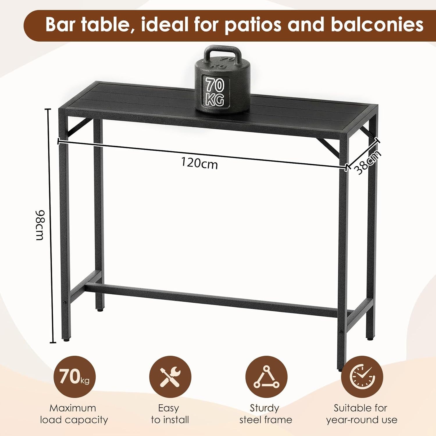 TLGREEN Gartentisch WPC Gartenbartisch 120x38x98cm (Wetterfester Bartisch Outdoor mit Metallgestell und verstellbaren Füßen, Stabiler Stehtisch Balkon Terrasse) – Bild 3 von 5
