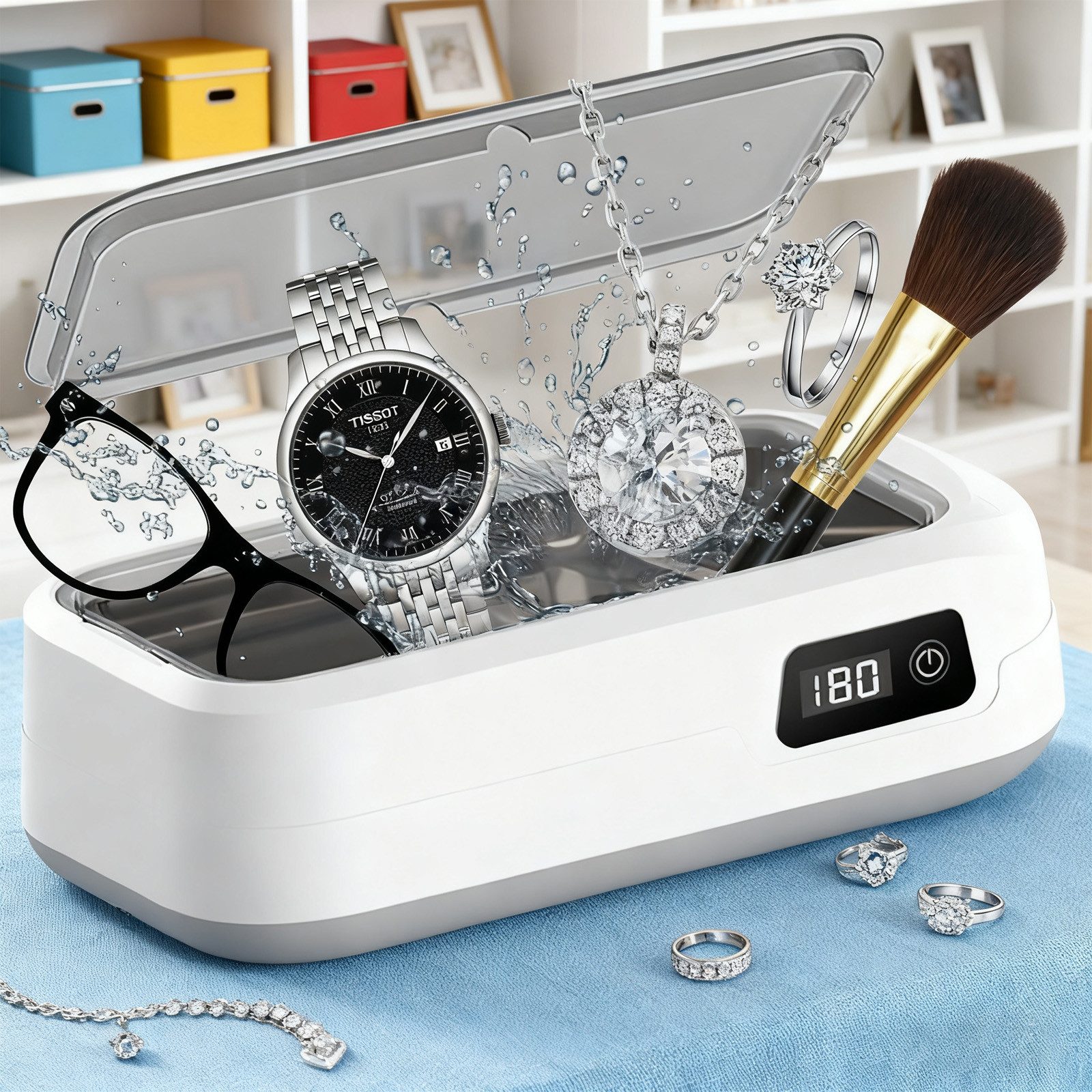 MODFU Ultraschallreiniger Ultraschallreinigungsgerät Schmuckreiniger Brillenreiniger, mit LED-Anzeige 640-ml-Edelstahltank 360° Tiefenreinigung