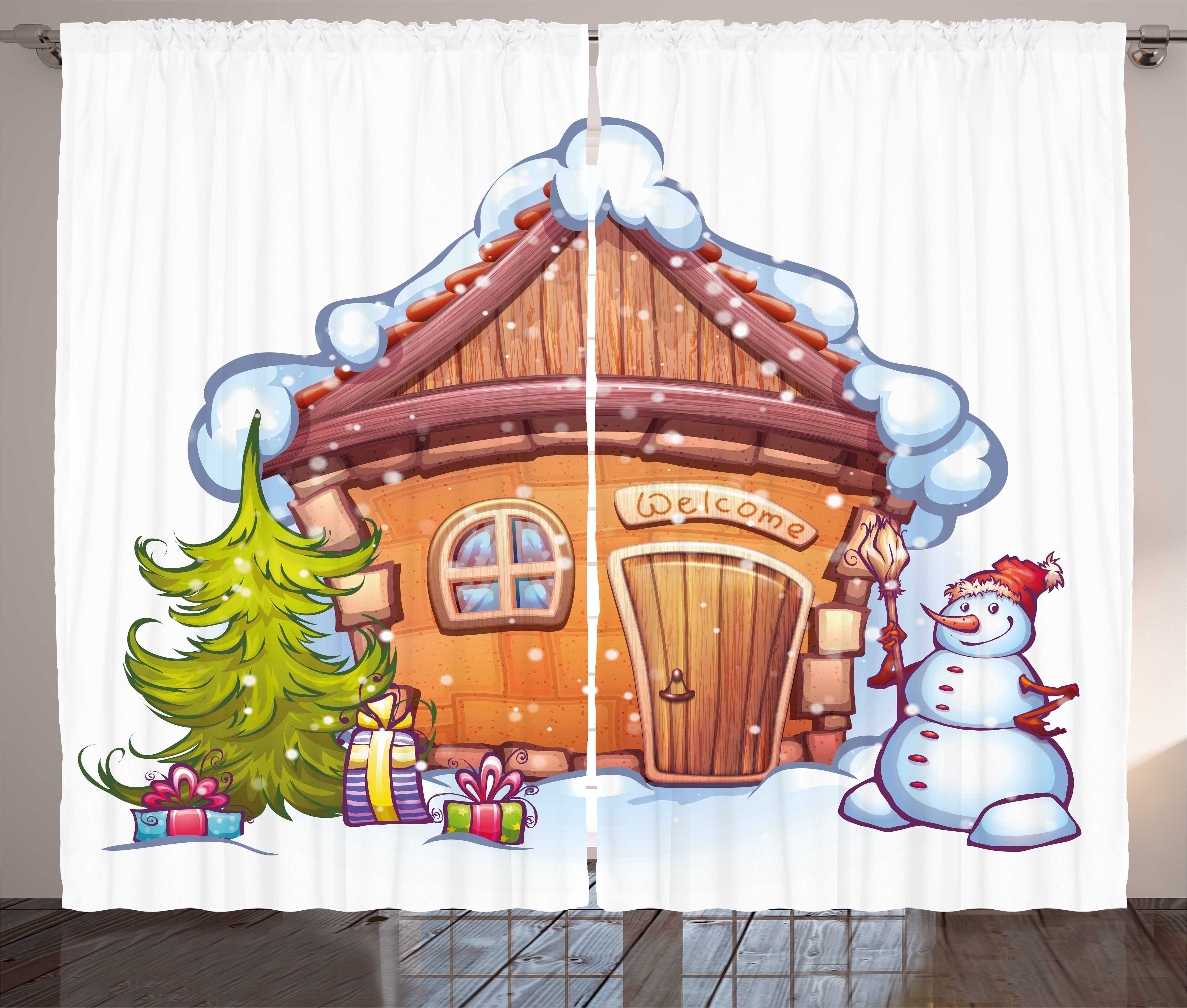 Gardine Schlafzimmer Kräuselband Vorhang mit Schlaufen und Haken, Abakuhaus, Weihnachten Karikatur-Haus