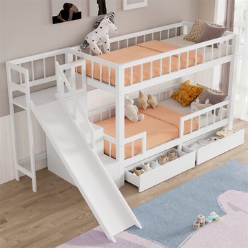 Sweiko Etagenbett (Doppelbett, multifunktionales Kinderbett, mit Rutsche und Treppen, mit 2 Schubladen), 90*200 cm,Massivholz,Weiß (ohne Matratze)