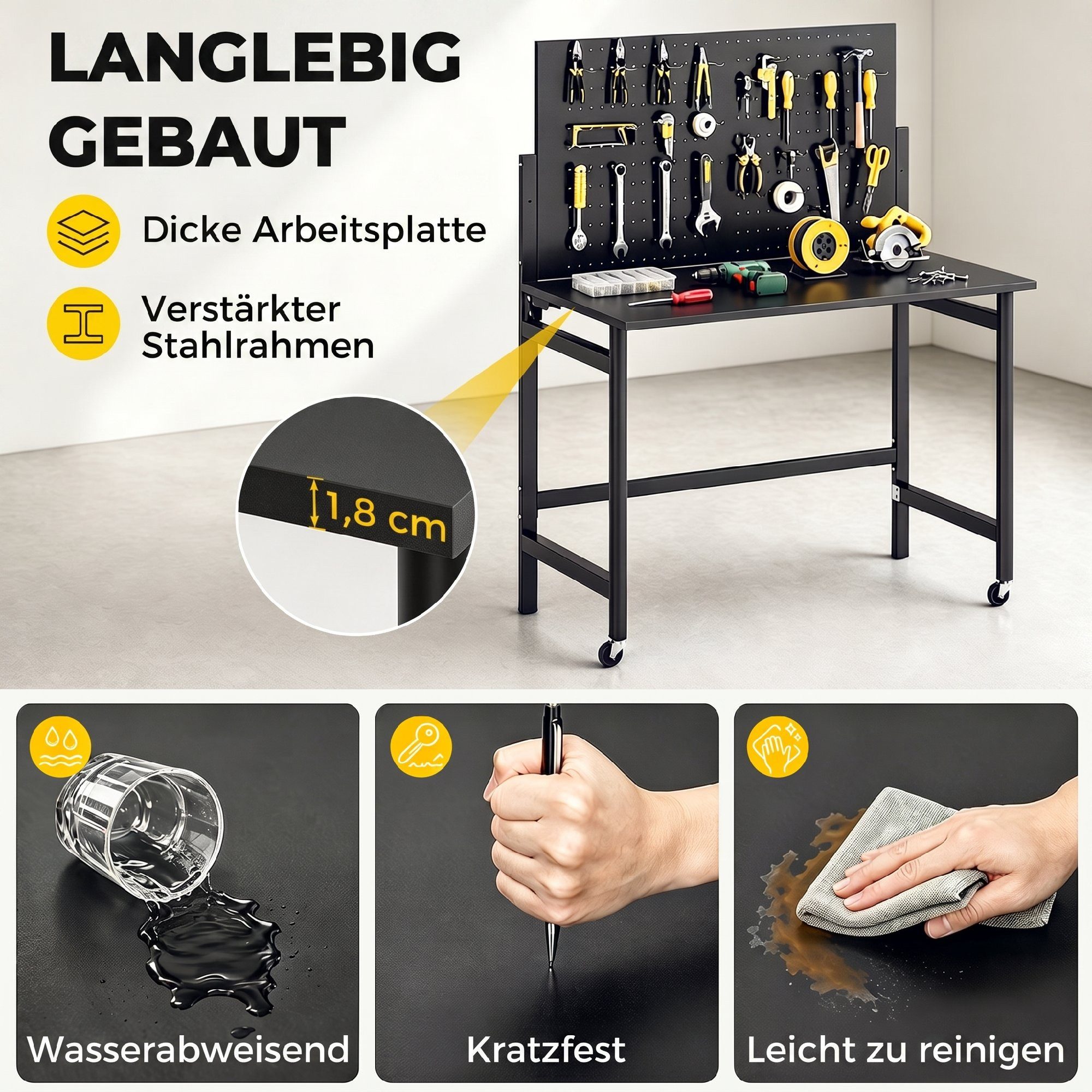 HOMCOM Werkbank Mobile Werkbank, Dicke Arbeitsplatte, Stahlrahmen, Werktisch, Schwarz, (Set, 1-tlg), Klappbar mit Lochwand und Rollen – Bild 5 von 5