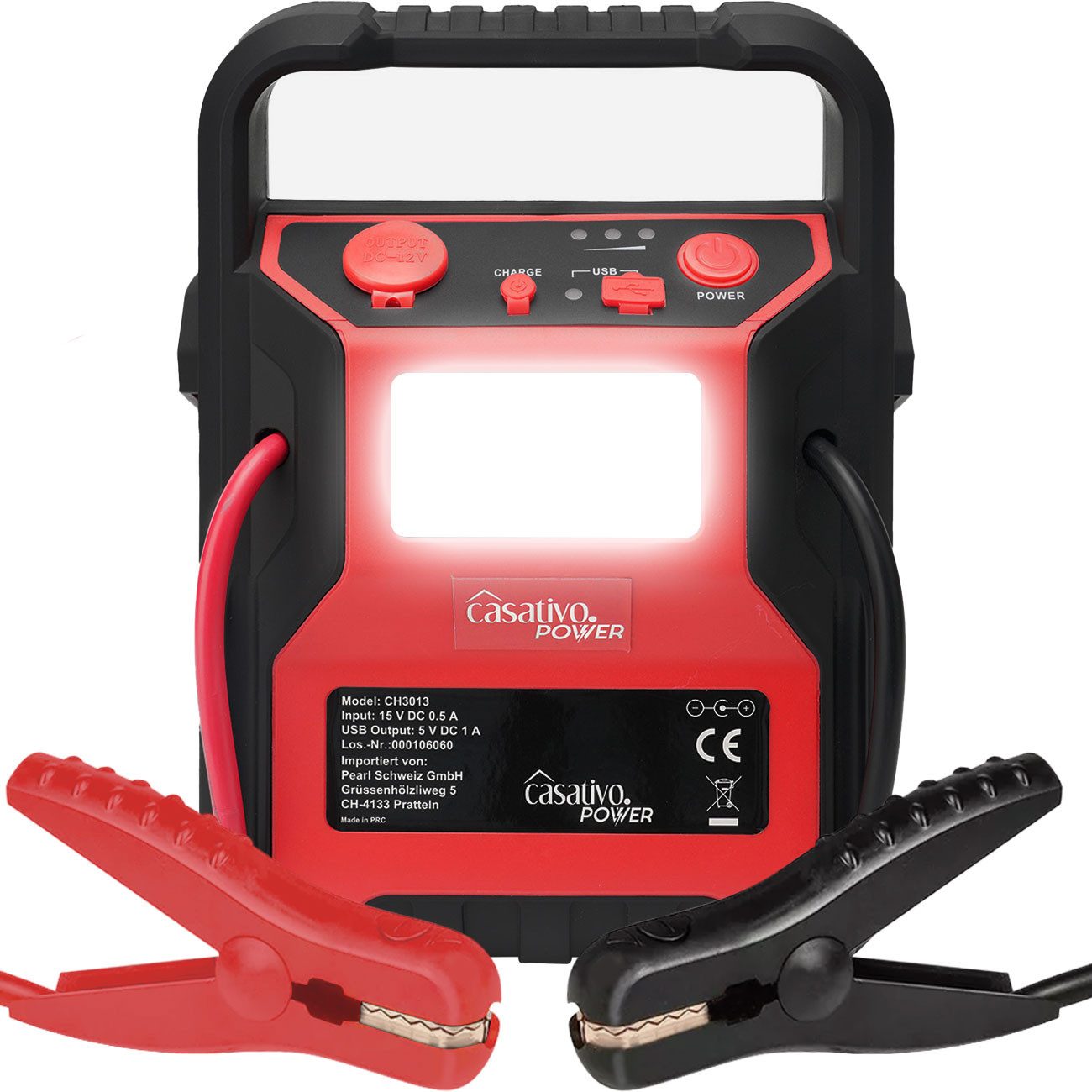 Casativo Auto-Starthilfe-Booster 600A/17bar Kompressor Powerbank LED-Licht Starthilfegerät (12 V / 230 V V), 9Ah Powerbank/Leuchtmittel 60 lm/USB-Ladeport