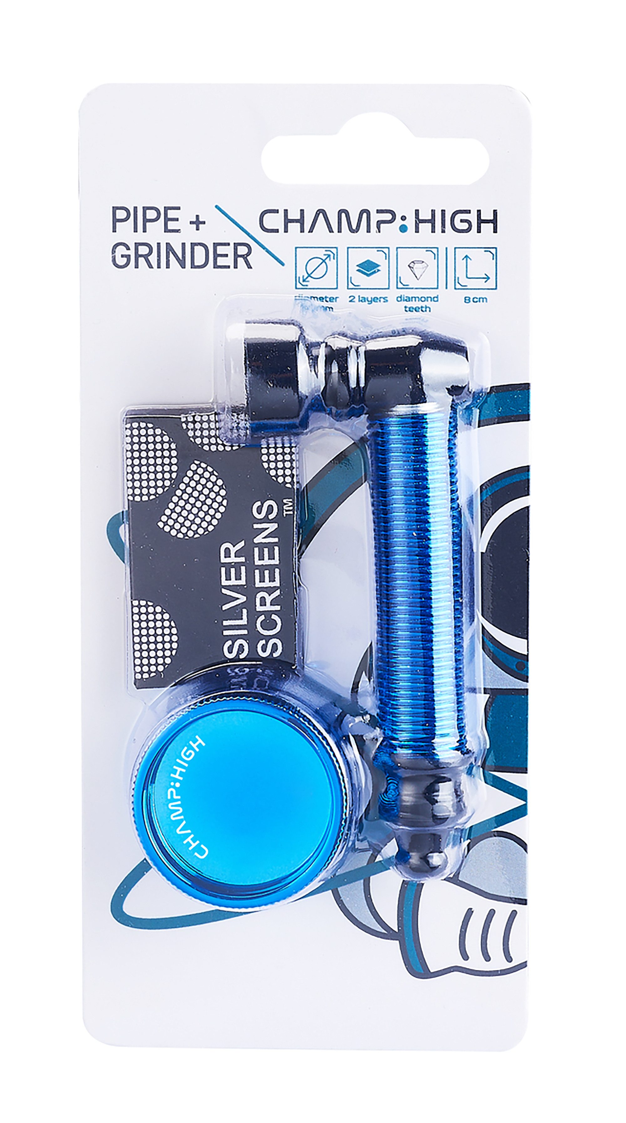 CHAMP Handpfeife TABAKPFEIFE + GRINDER Tabak Glaspfeife Pfeife Mühle Crusher 85 (Blau), Kräutermühle Gewürzmühle Pipe