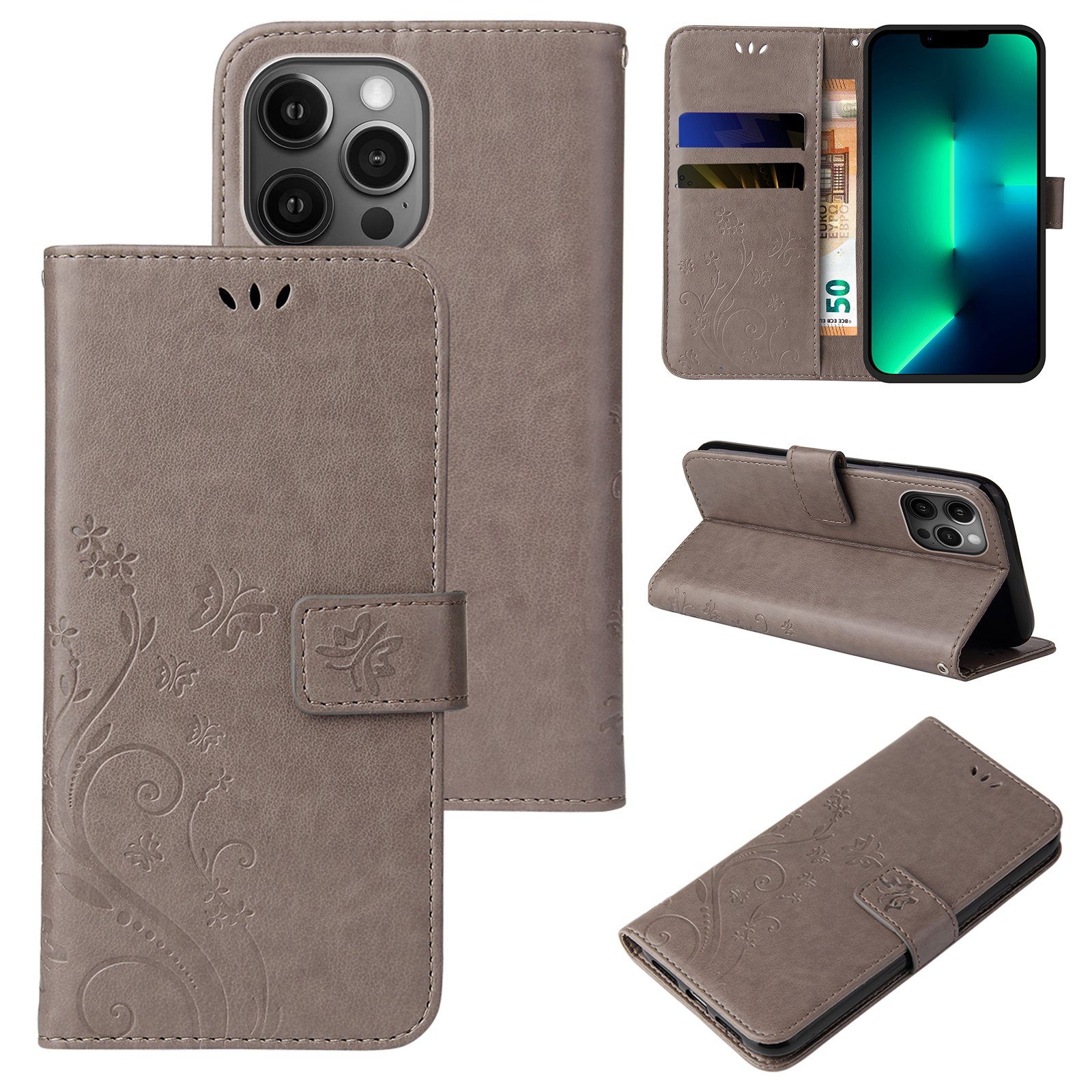 Tec-Expert Handyhülle Cover Tasche Hülle für Apple iPhone 13 Pro Max 6,7 Zoll, Klapphülle Case mit Kartenfach Fliphülle aufstellbar, Motiv Blumen