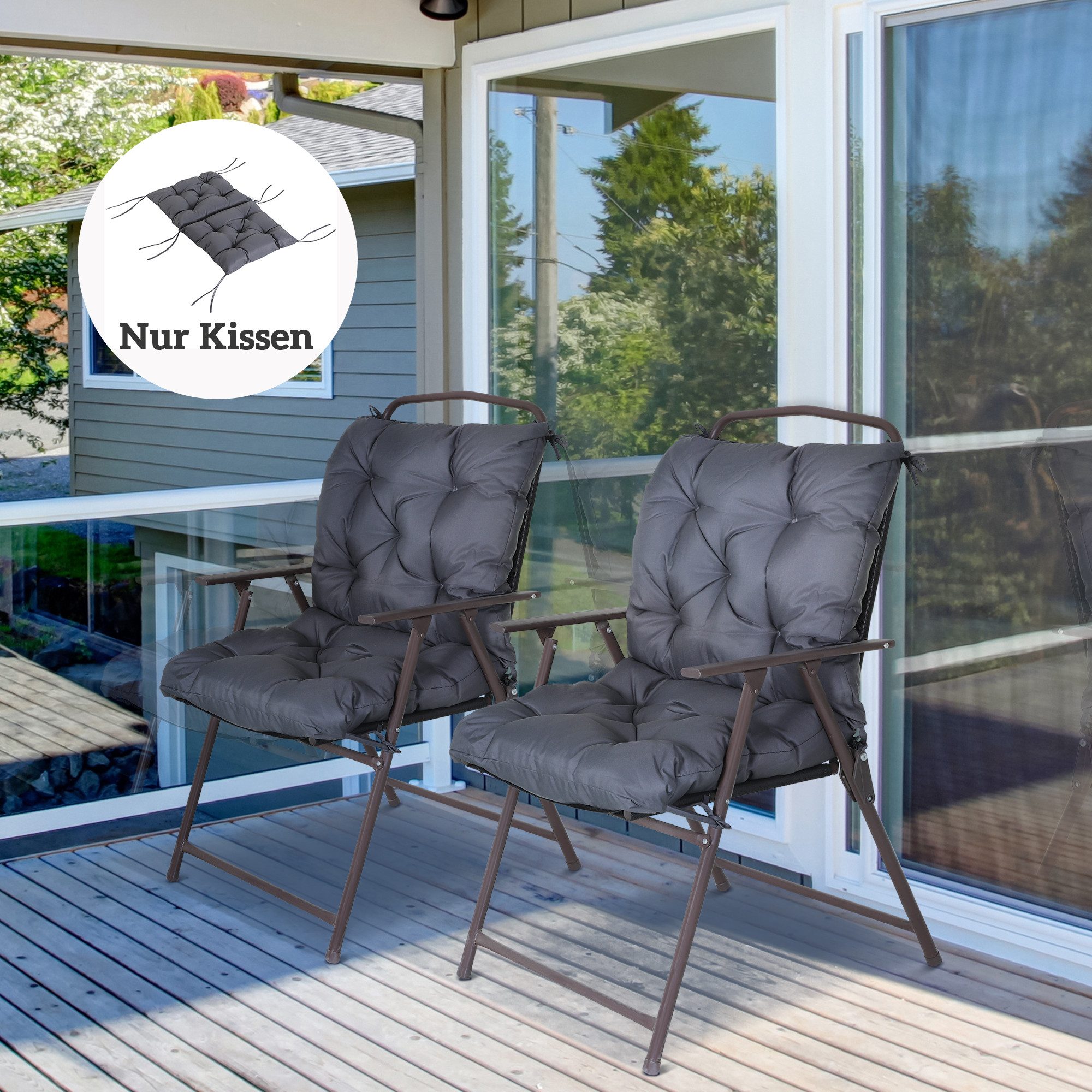 Outsunny Sitzkissen 2er-Set Stuhlkissen mit Bindebänder, Stoffbezug, für Küche, Büro, Esszimmerstühle, Grau – Bild 2 von 5