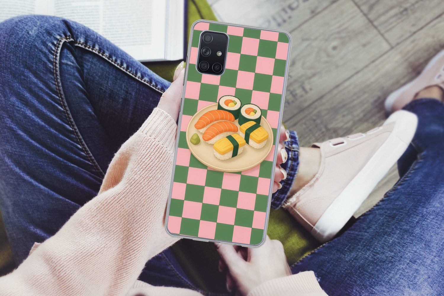MuchoWow Handyhülle für Samsung Galaxy A51 Sushi - Teller - Blockiert - Grün, Smartphone-Bumper, Print, Handy Schutzhülle Dünn
