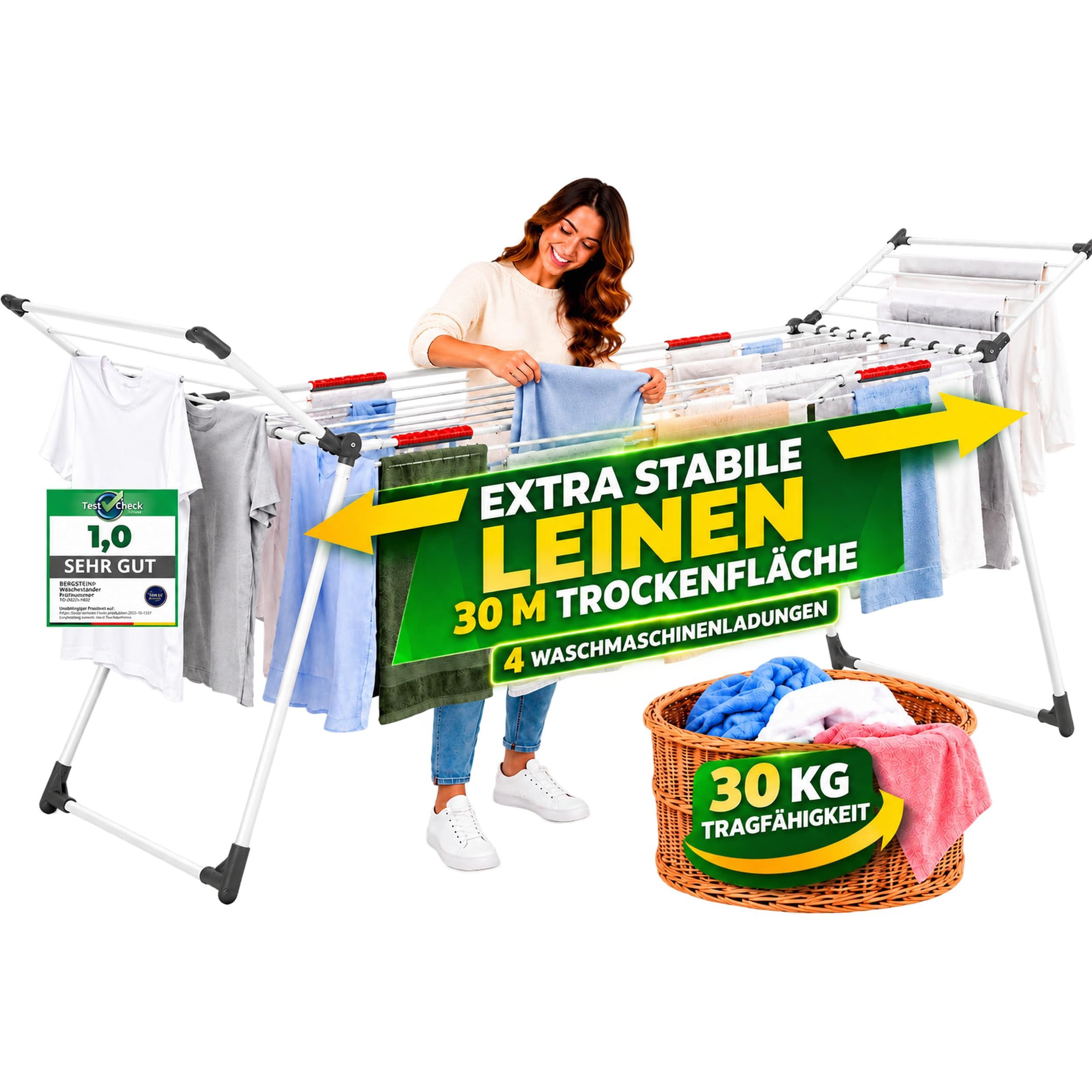 Bergstein Wäscheständer ausziehbar XXL [30 m Trockenfläche] weiß mit Flügeln bis 30 kg, Made in Europe, 3 Waschladungen, bis 30 kg, Klemmen für Socken