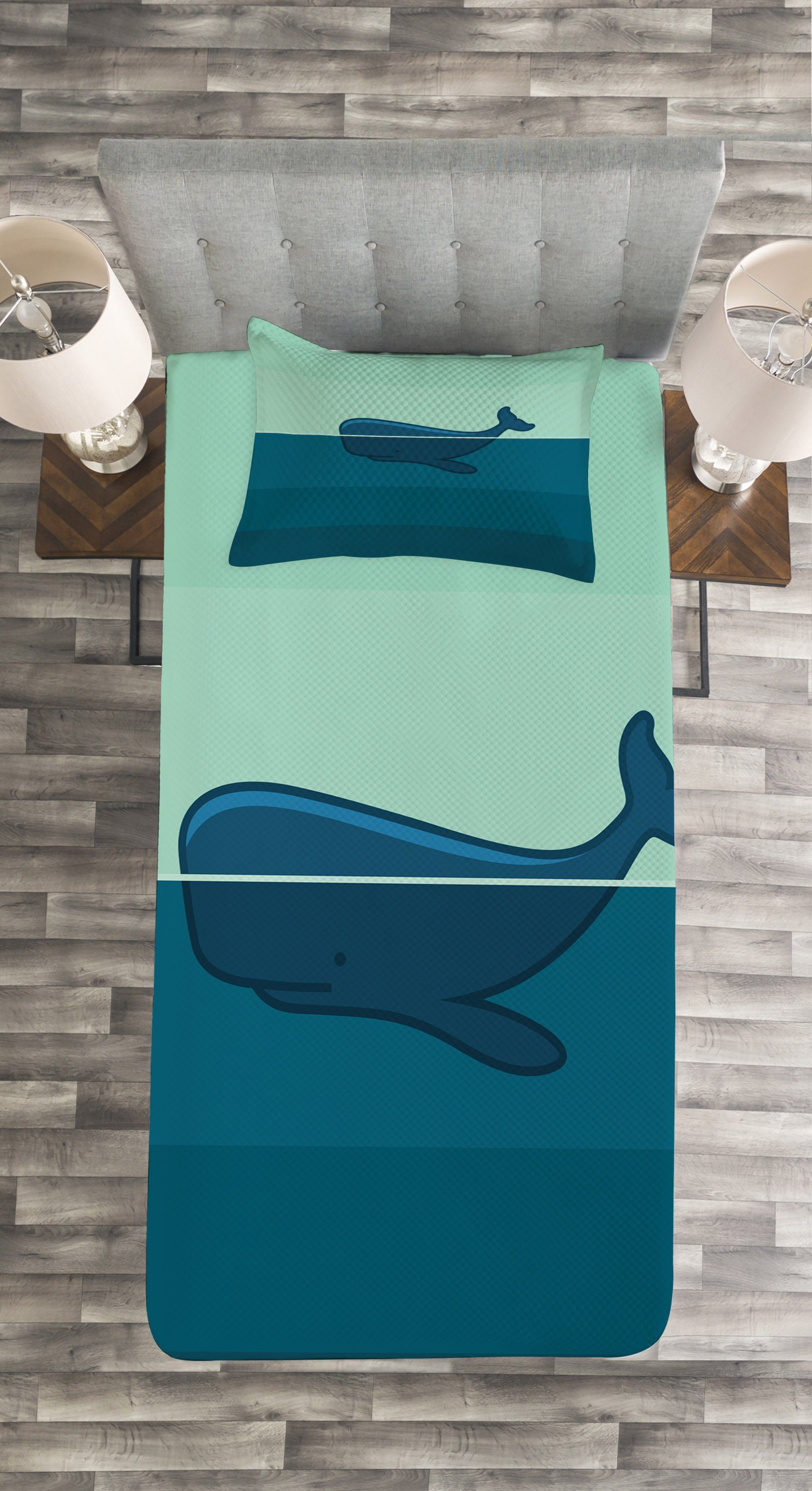 Tagesdecke Set mit Kissenbezügen Waschbar, Meer Blauwal Ozean im Abakuhaus
