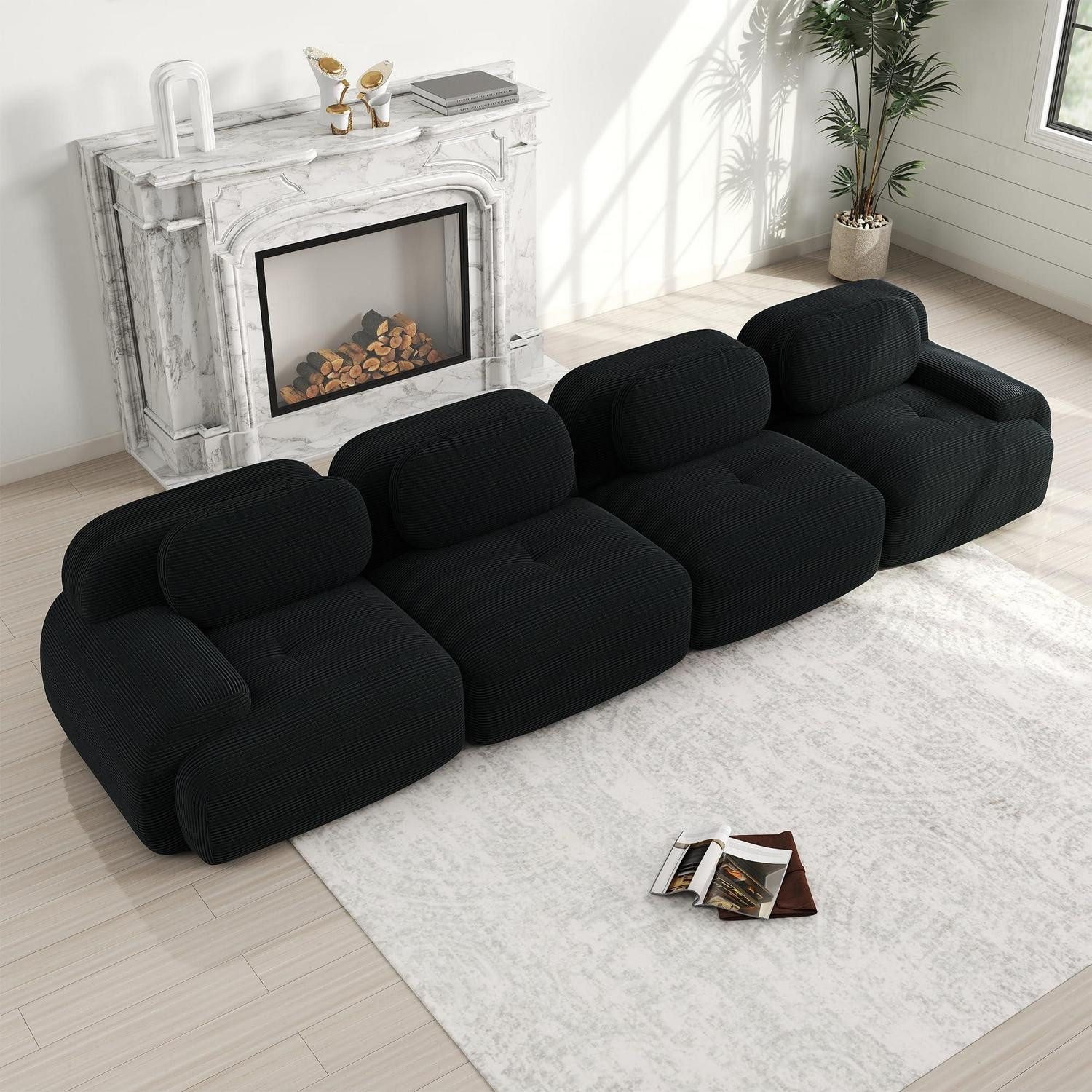LuxusKollektion 4-Sitzer Sofa modular Cord boneless rutschfest Schwarz 4 Sitze 0 Ottomane