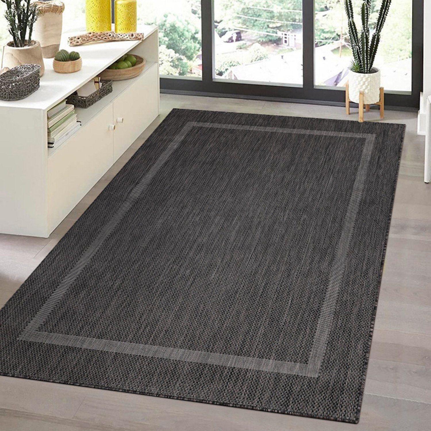 Teppich Trendy In- und Outdoorteppich Flachflor Kurzflor, Angeycasa, rechteckig, Höhe: 4 mm, Terasse, Garten, Bad, Balkon, Wohnzimmer, Küche, Flur BLACK