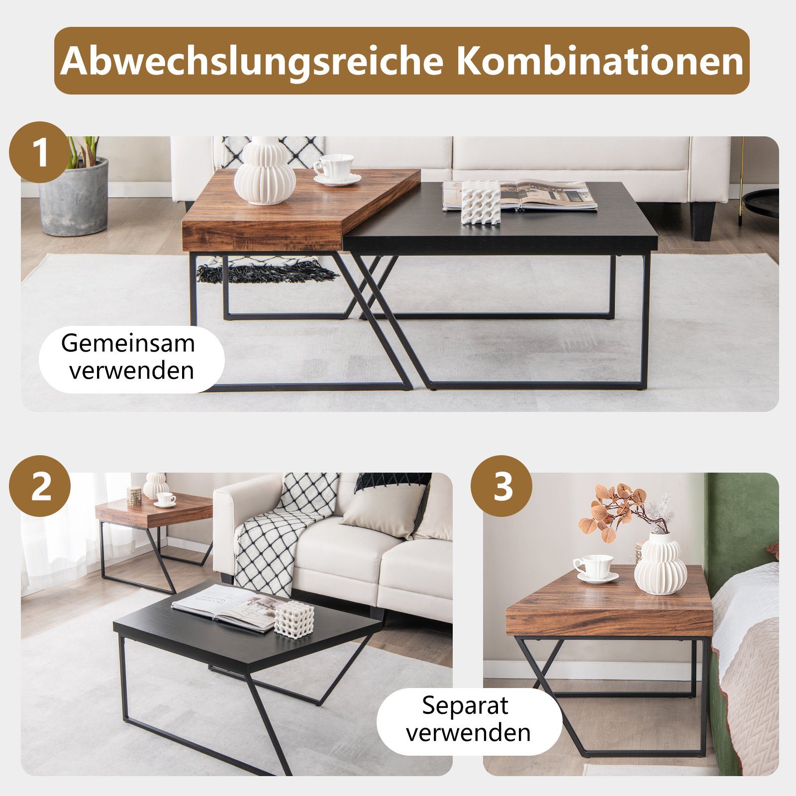 + Set, Metallrahmen, 60x60cm industriell Couchtisch, COSTWAY 80x60cm, 2er