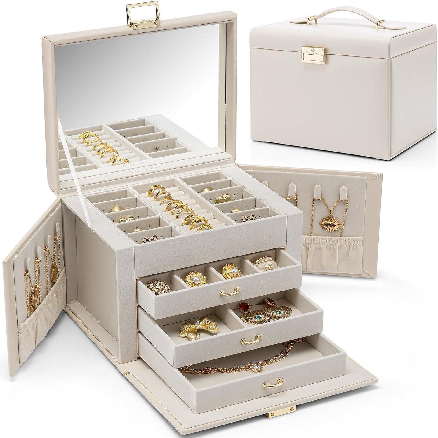 LuxusKollektion Schmuckkasten Schmuckkasten Schmuckbox PU Leder Spiegel 4 Ebenen Beige-weiß