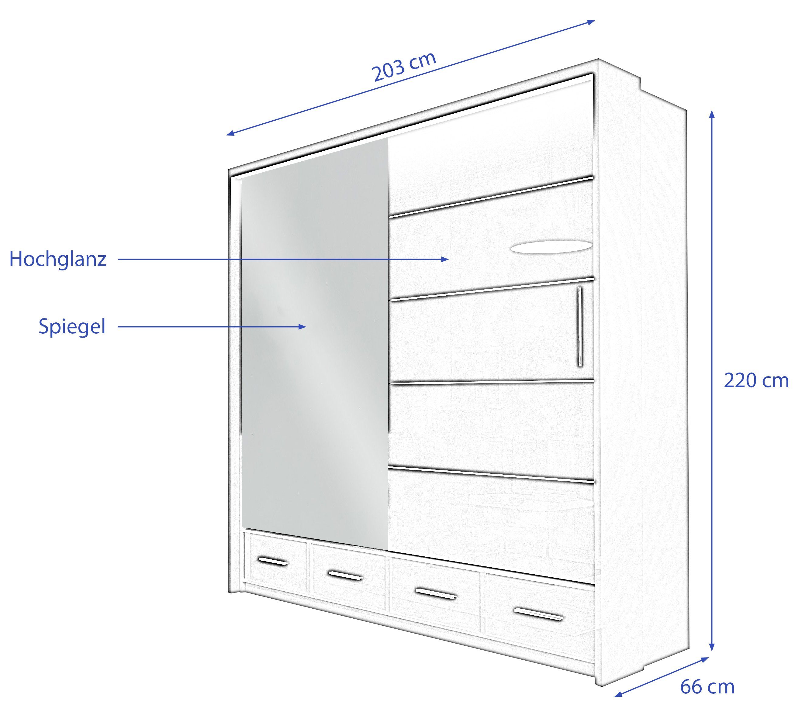 Kleiderschrank mit mit Weiß Schubladen, Hochglanz MONO Spiegel, LED Compleo Schrank mit Hochglanz,