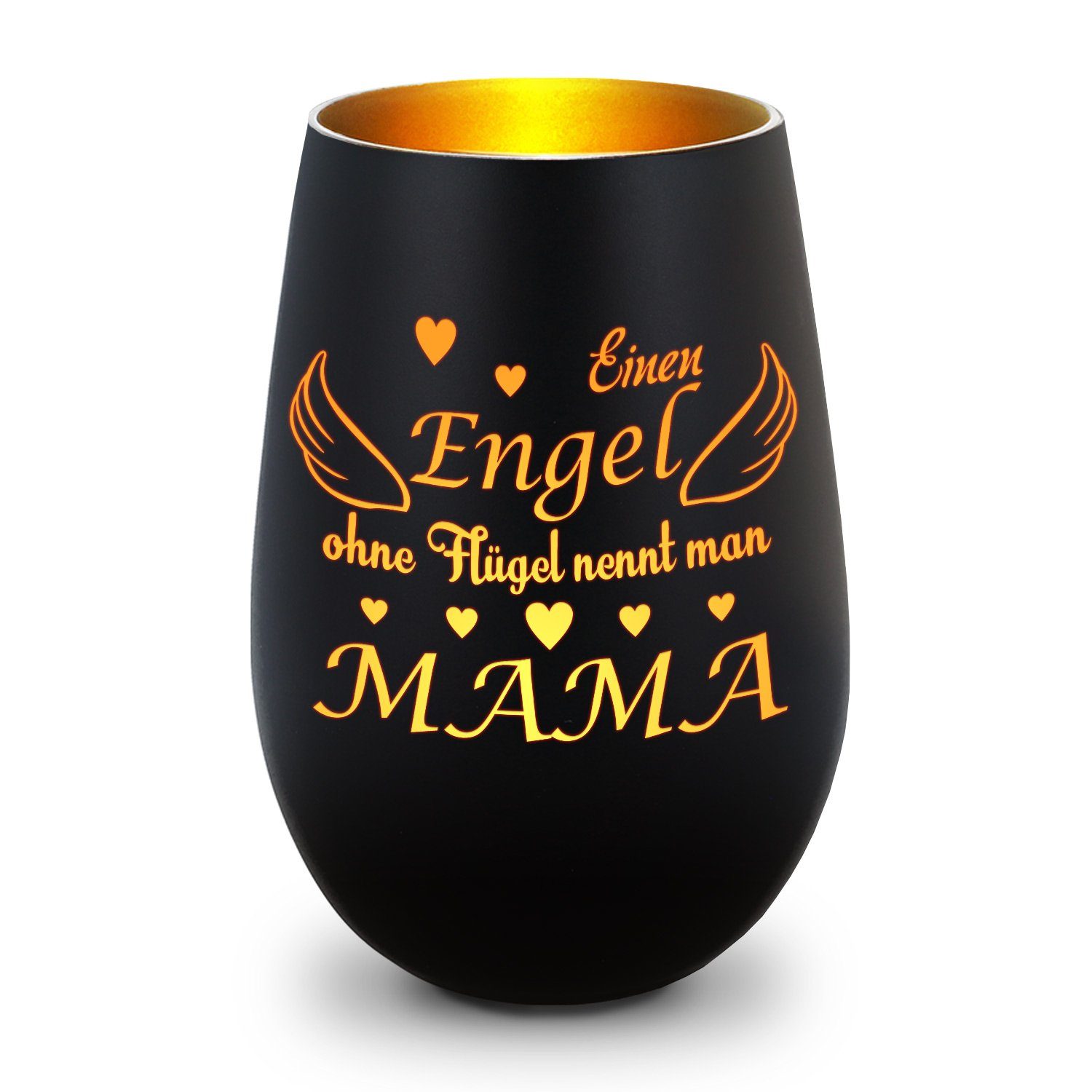 GRAVURZEILE Windlicht aus Glas mit Gravur - Einen Engel ohne Flügel nennt man Mama - Deko (Schwarz/Gold), Geschenke für Frauen und Männer zum Geburtstag und weitere Anlässe