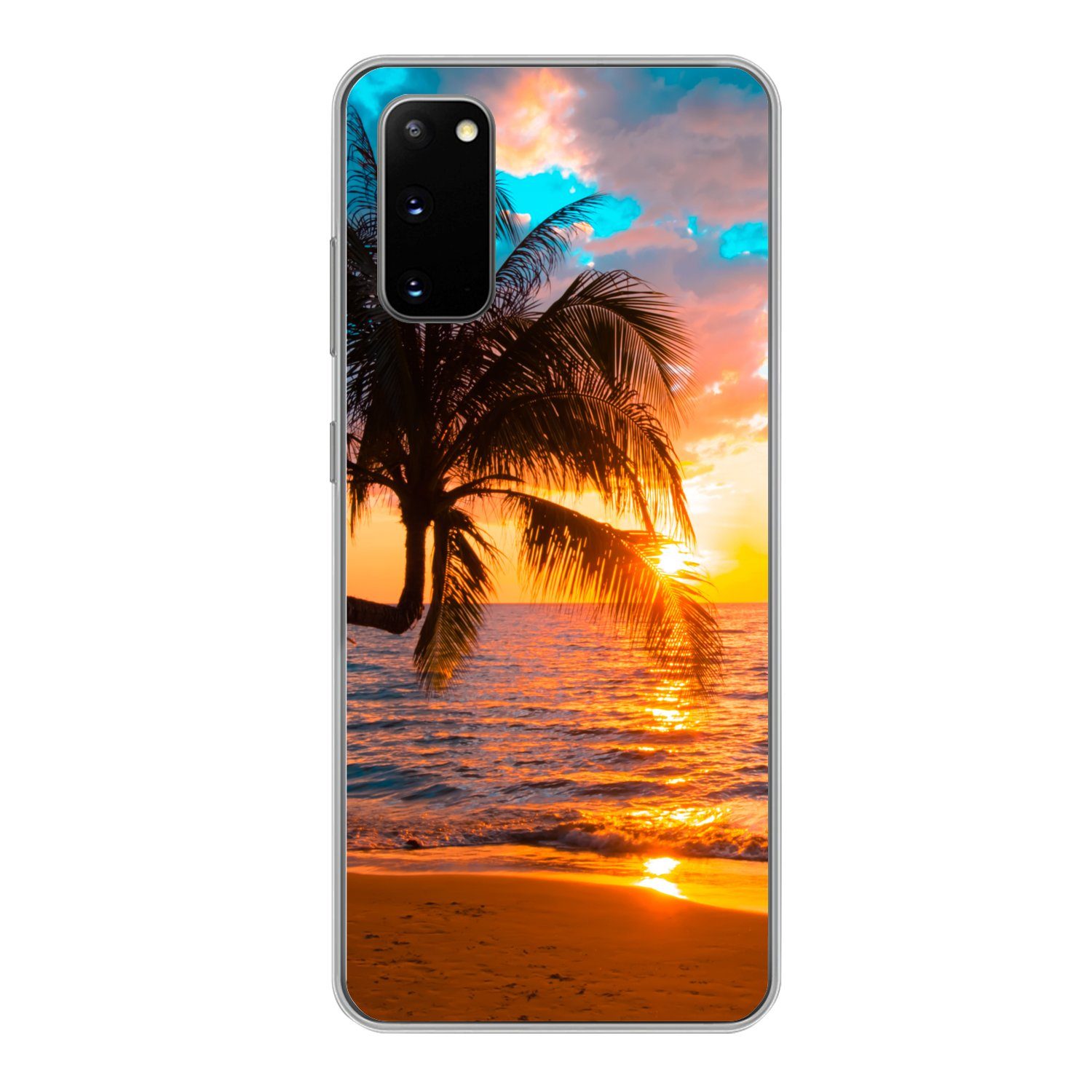 MuchoWow Handyhülle Palme - Sonnenuntergang - Horizont - Strand - Meer - Tropisch, Phone Case, Handyhülle Samsung Galaxy S20, Silikon, Schutzhülle
