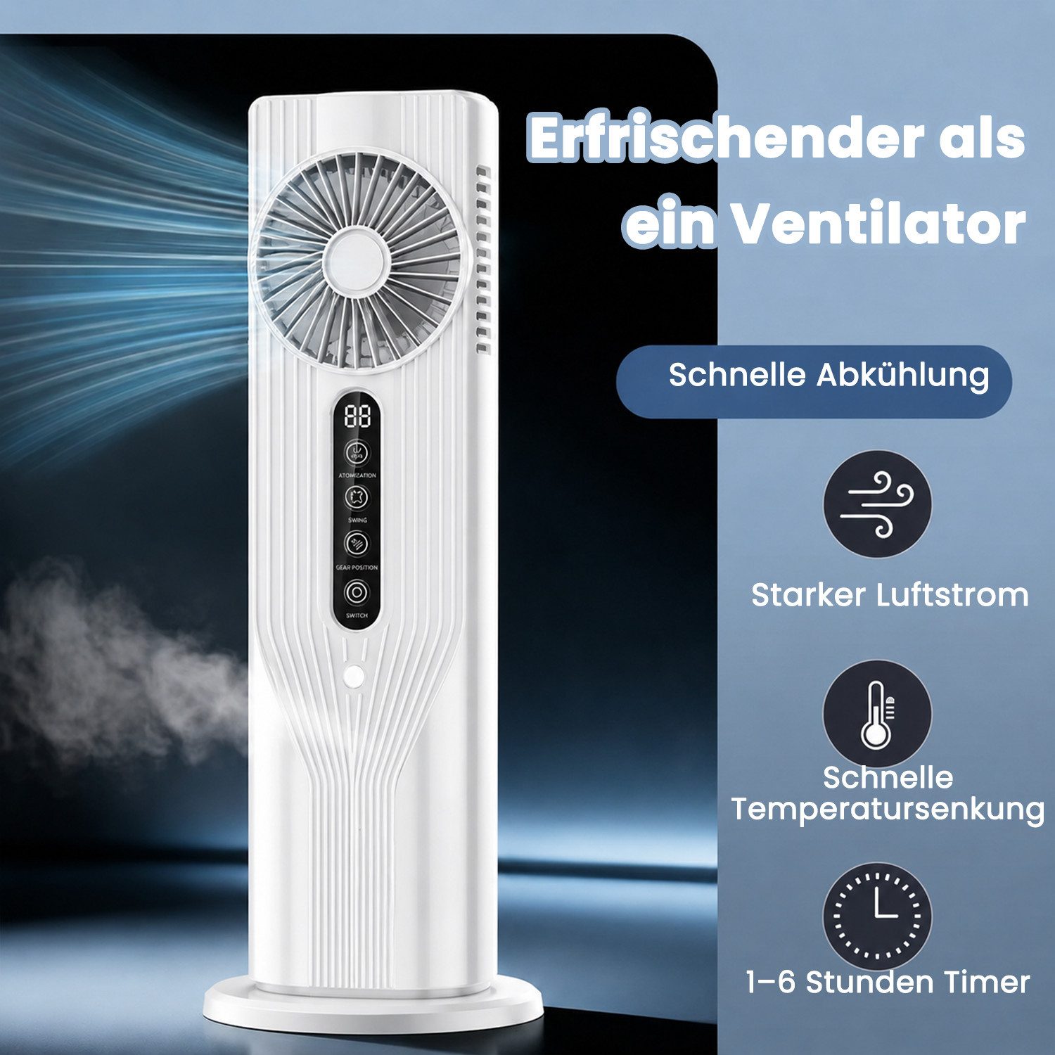 MOPUEA Standventilator Turmventilator Mit Kühlspray LED Display 6 Windstufen Ventilator, USB Tischventilator Leiser Umluftventilator Mit Sprühnebel
