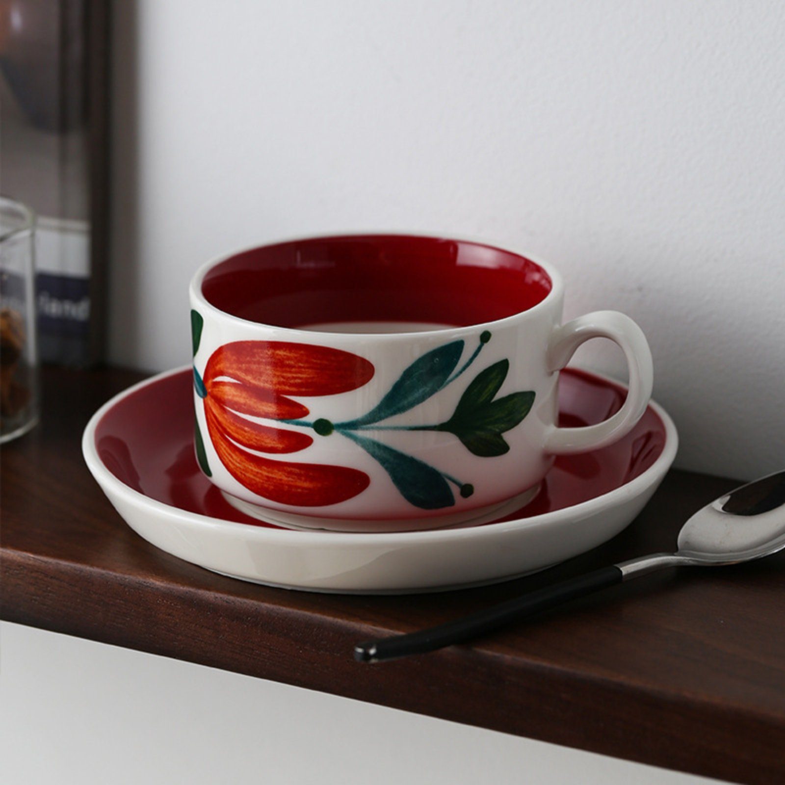 HOMEIDEAS Tasse, Keramik, Kaffeetassen mit Untersetzer, Teetasse, Porzellan, 250ml Rot